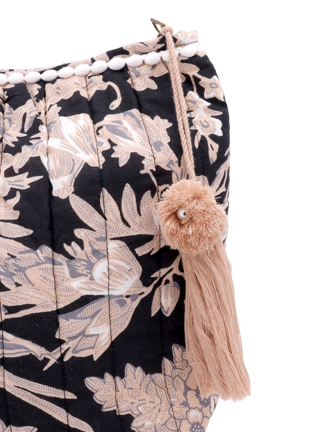 Compact Floral Cotton Pouch Bag with Tassels