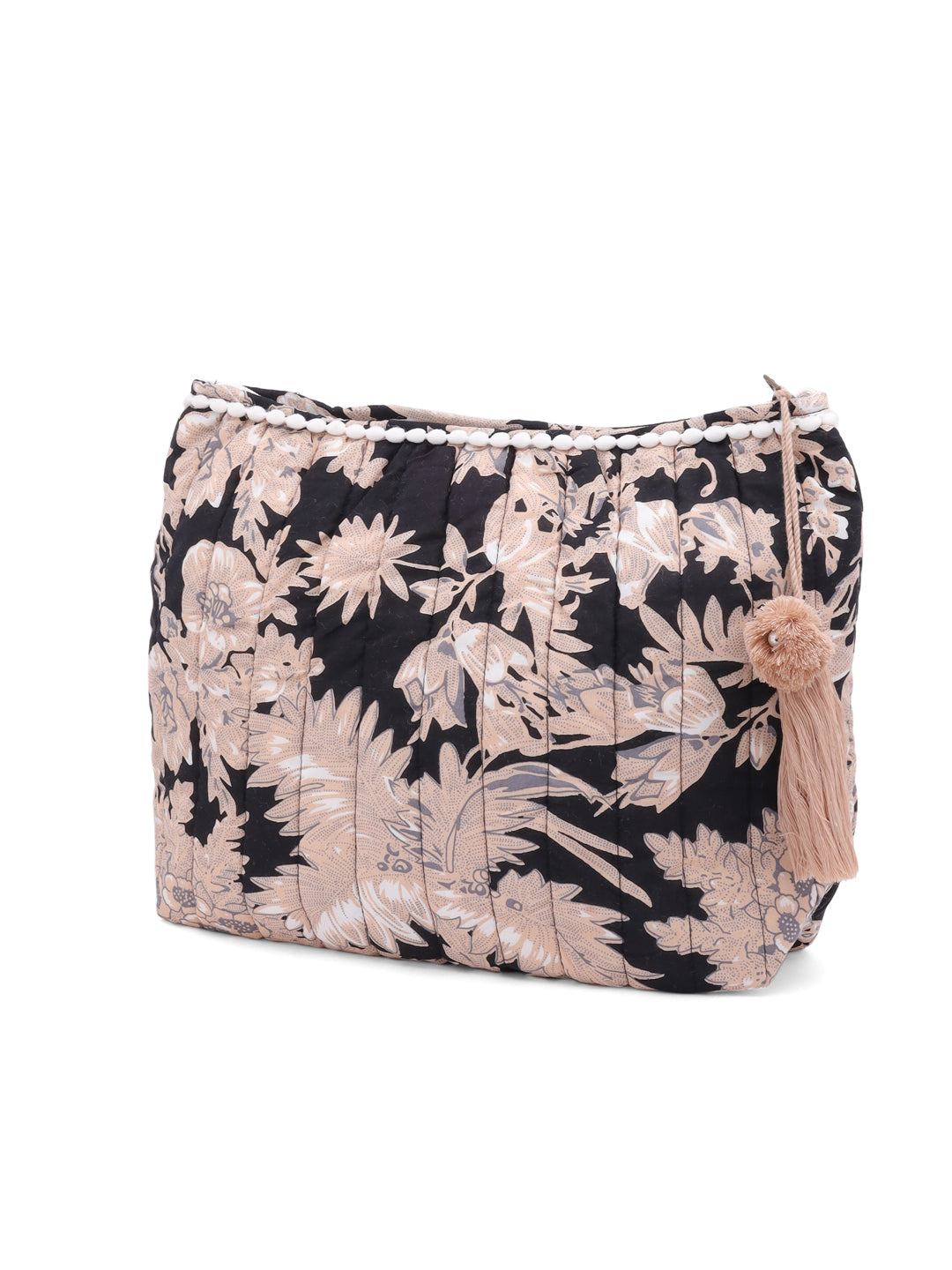 Compact Floral Cotton Pouch Bag with Tassels