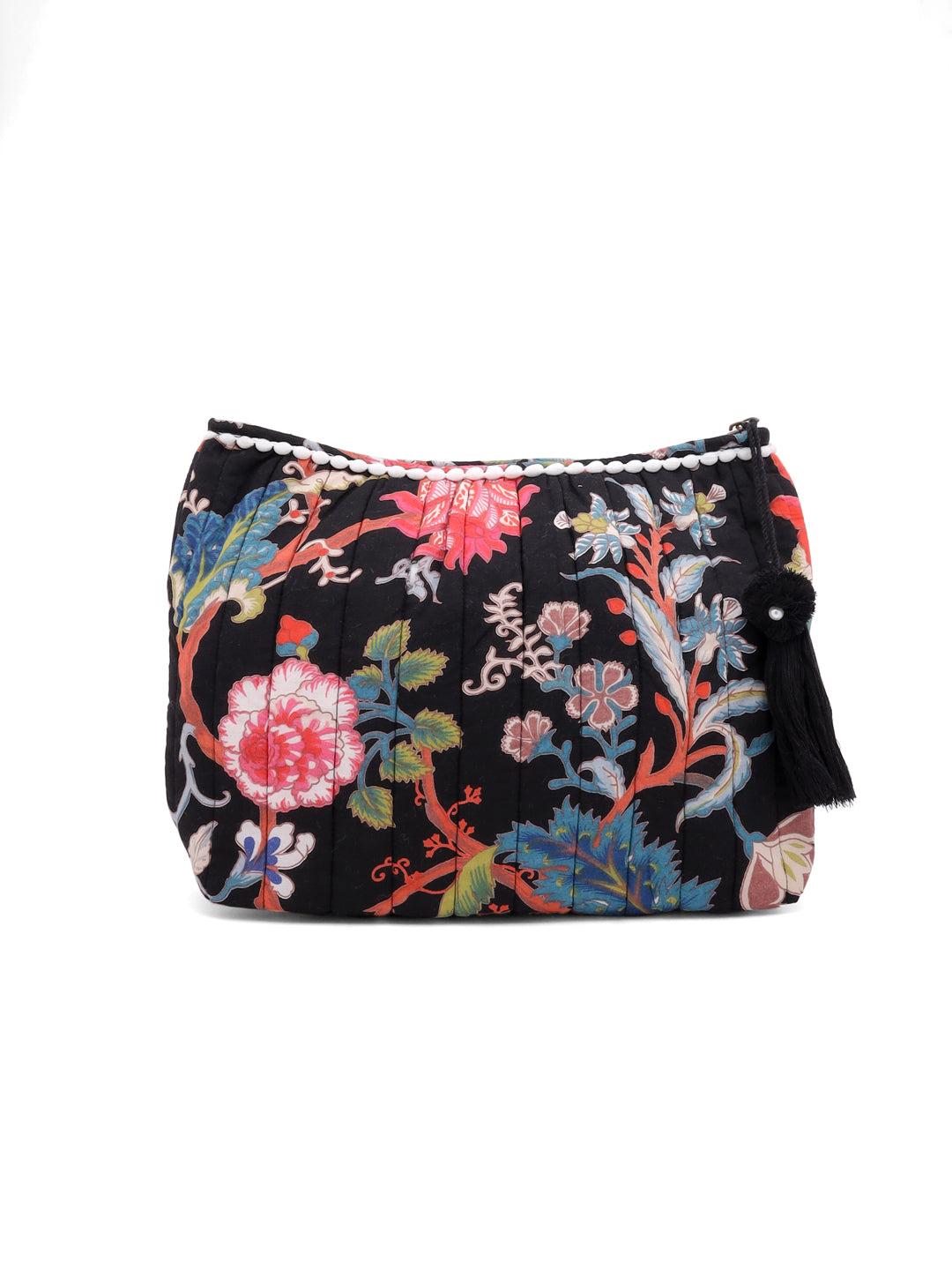 Black Floral Cotton Pouch with Tassel