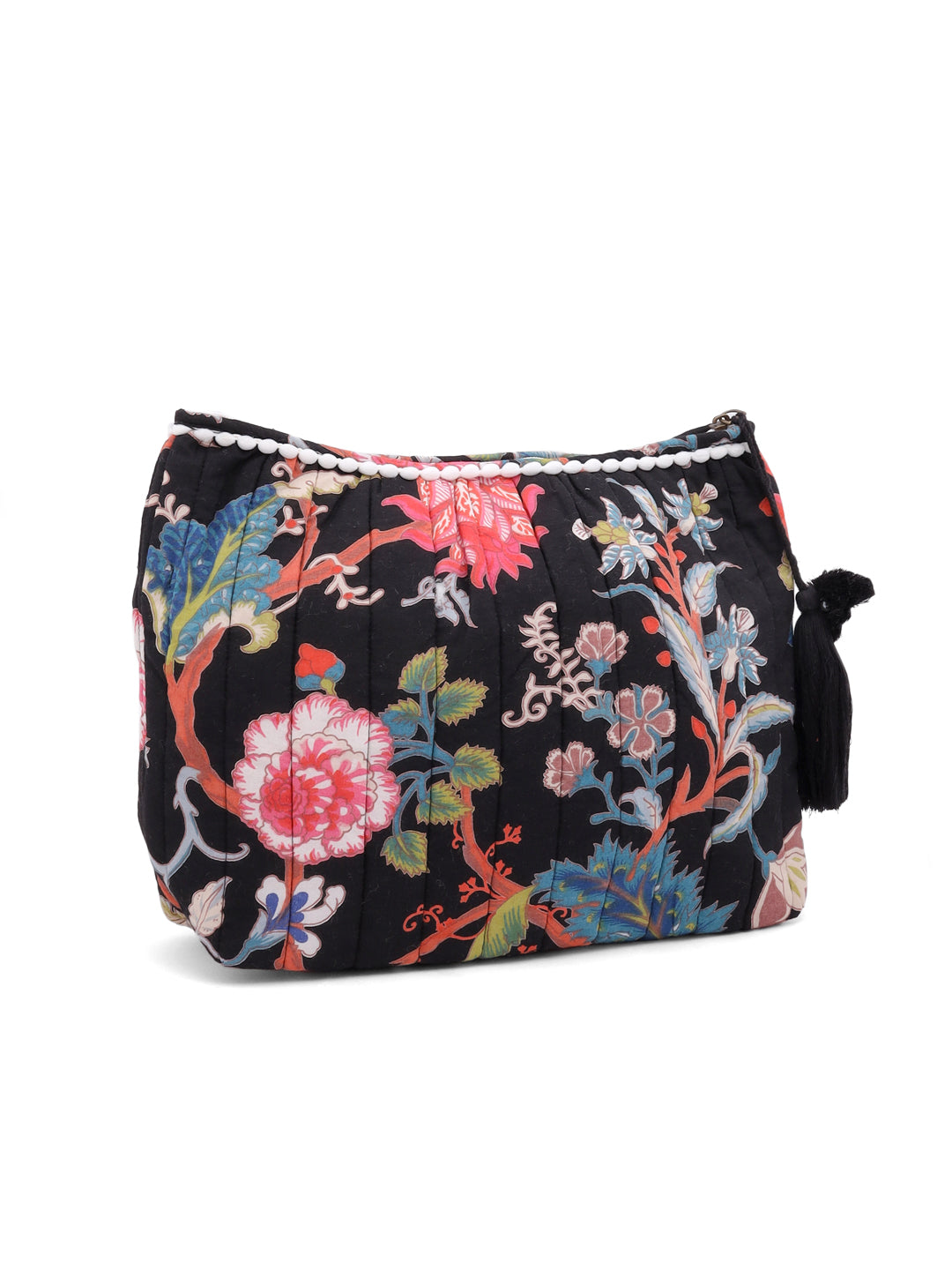 Black Floral Cotton Pouch with Tassel
