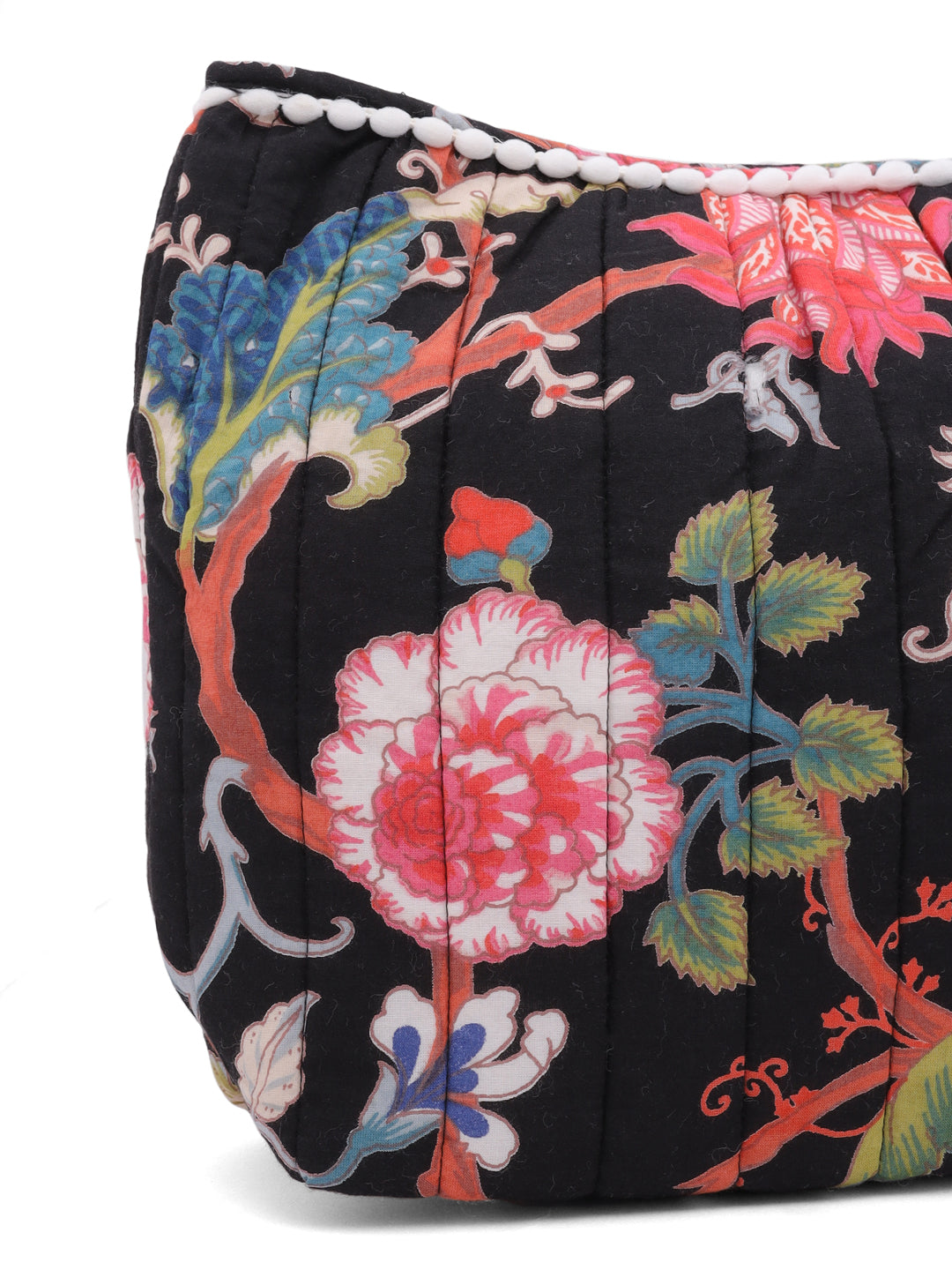 Black Floral Cotton Pouch with Tassel