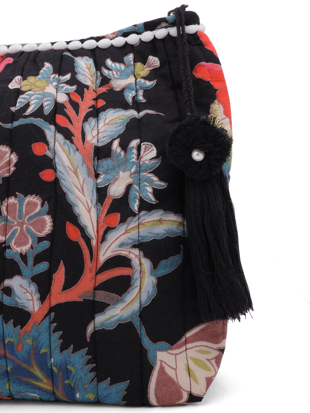 Black Floral Cotton Pouch with Tassel