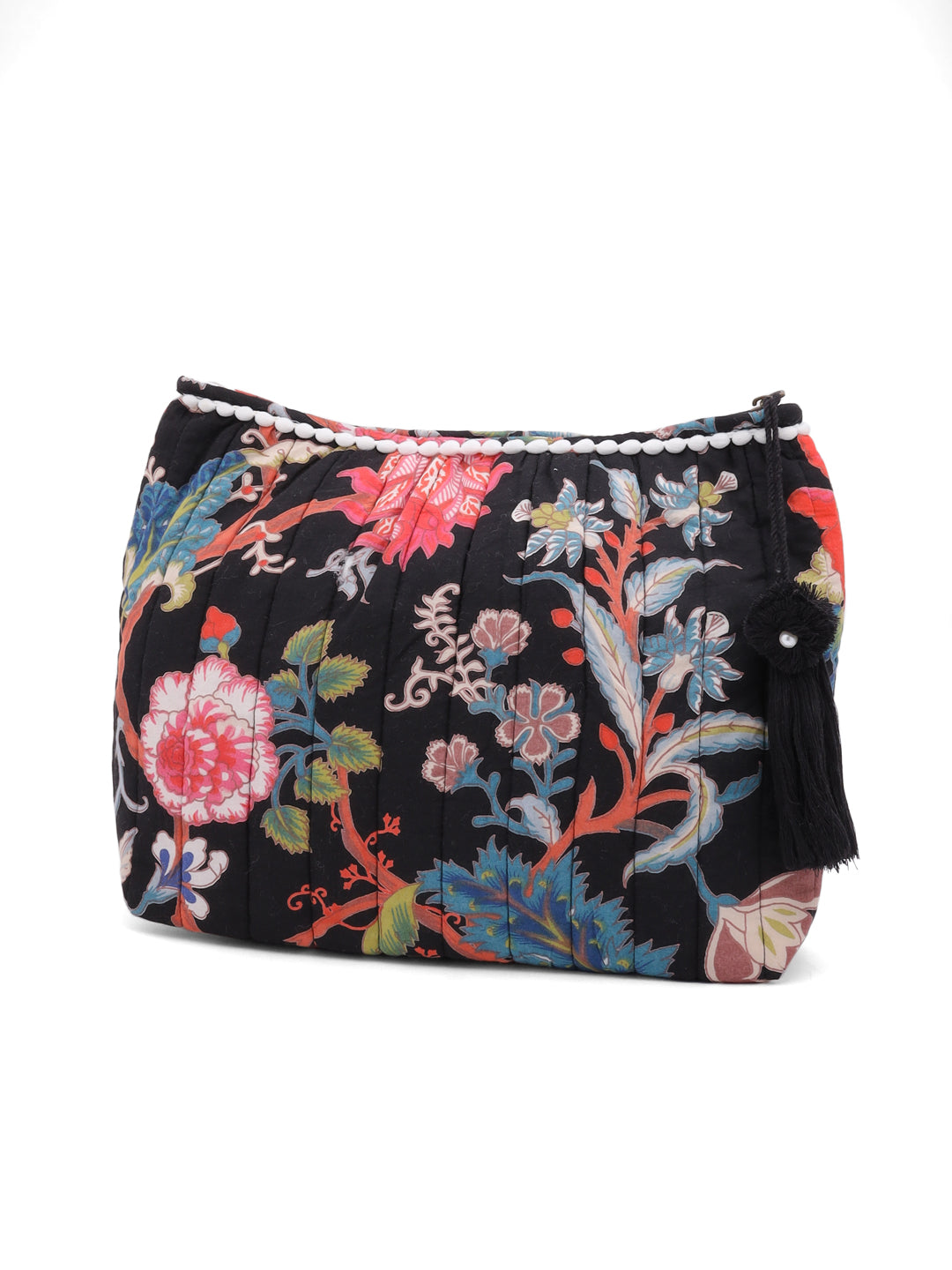 Black Floral Cotton Pouch with Tassel