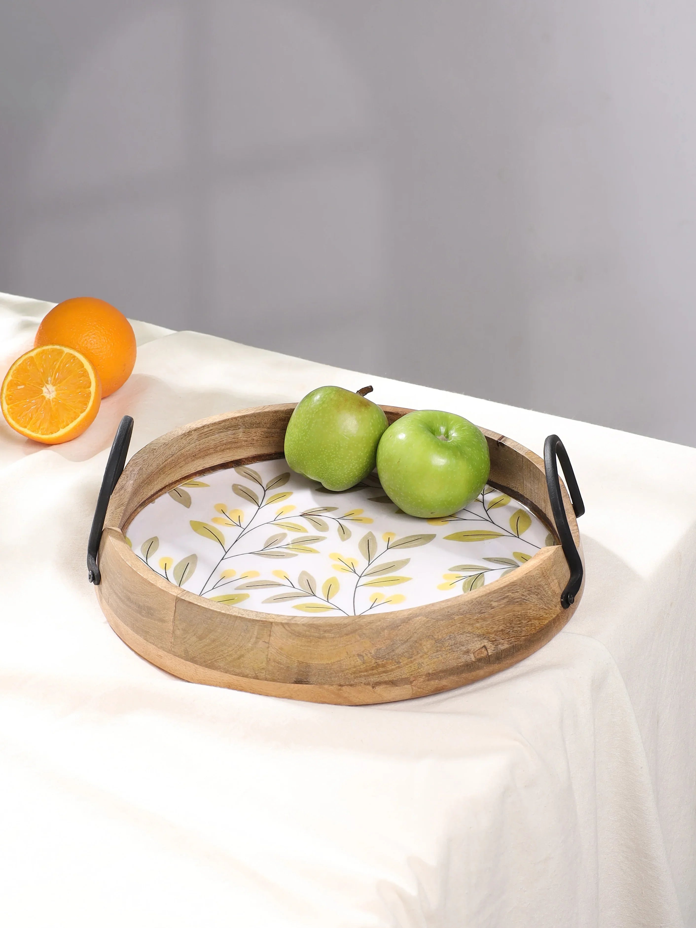 PRINTED ROUND TRAY WITH METALLIC HANDLE - SanskrutiHomes