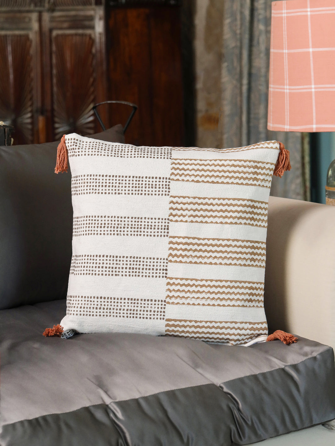 Cotton Brown Colour Geometric Cushion Covers