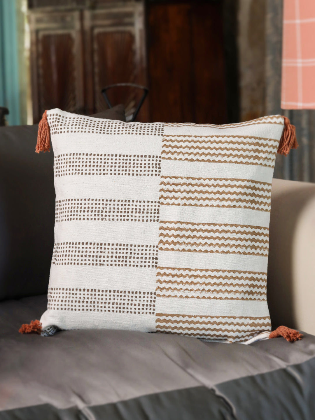 Cotton Brown Colour Geometric Cushion Covers