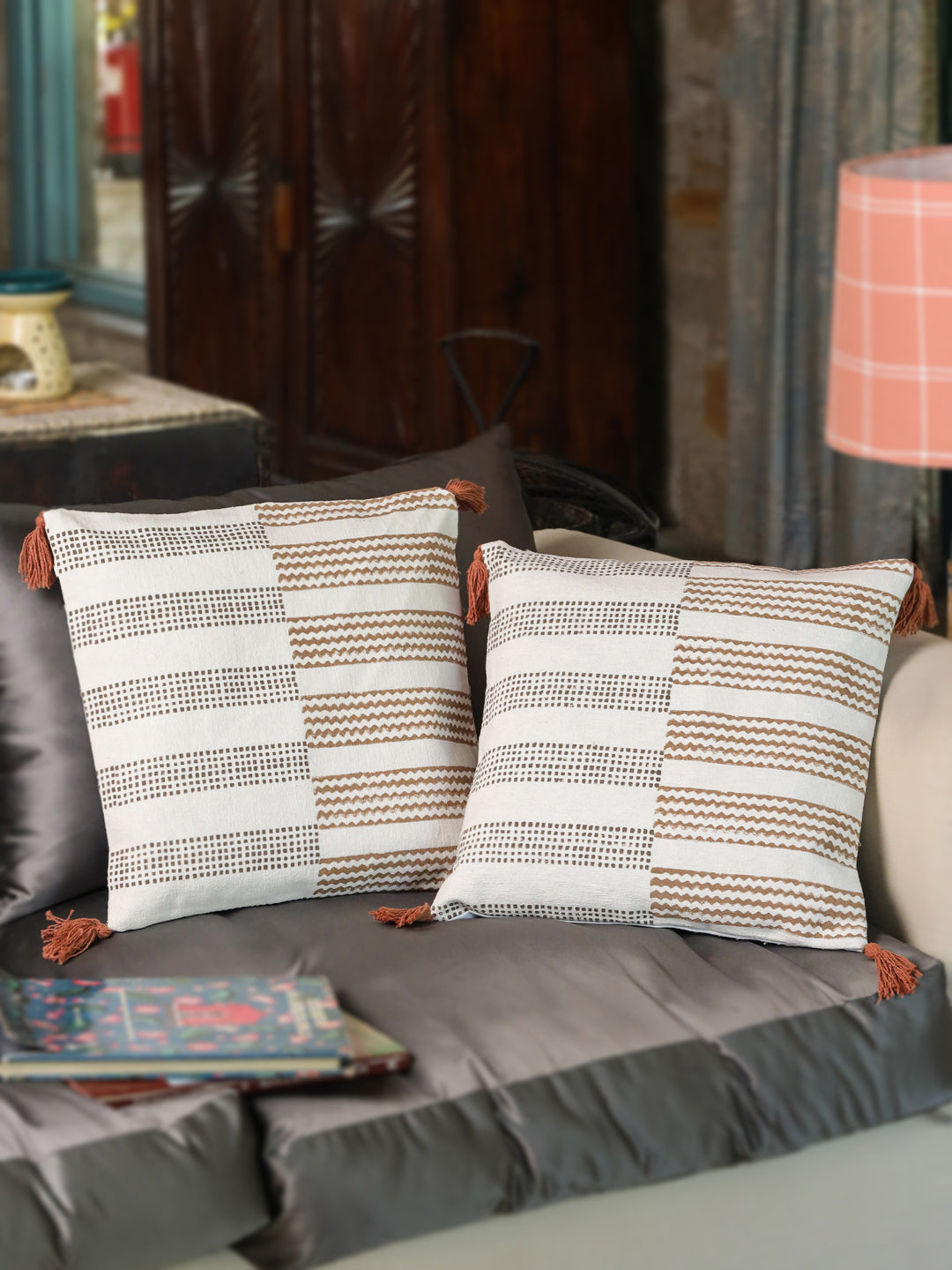 Cotton Brown Colour Geometric Cushion Covers