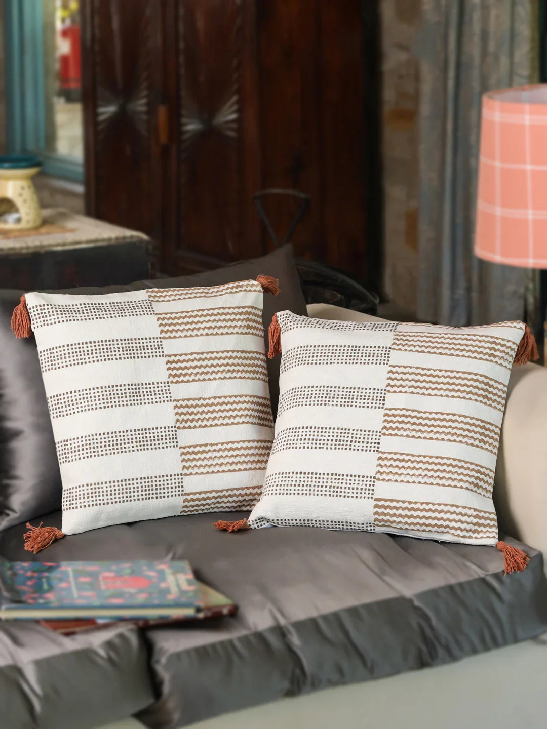 Cotton Brown Colour Geometric Cushion Covers - SanskrutiHomes