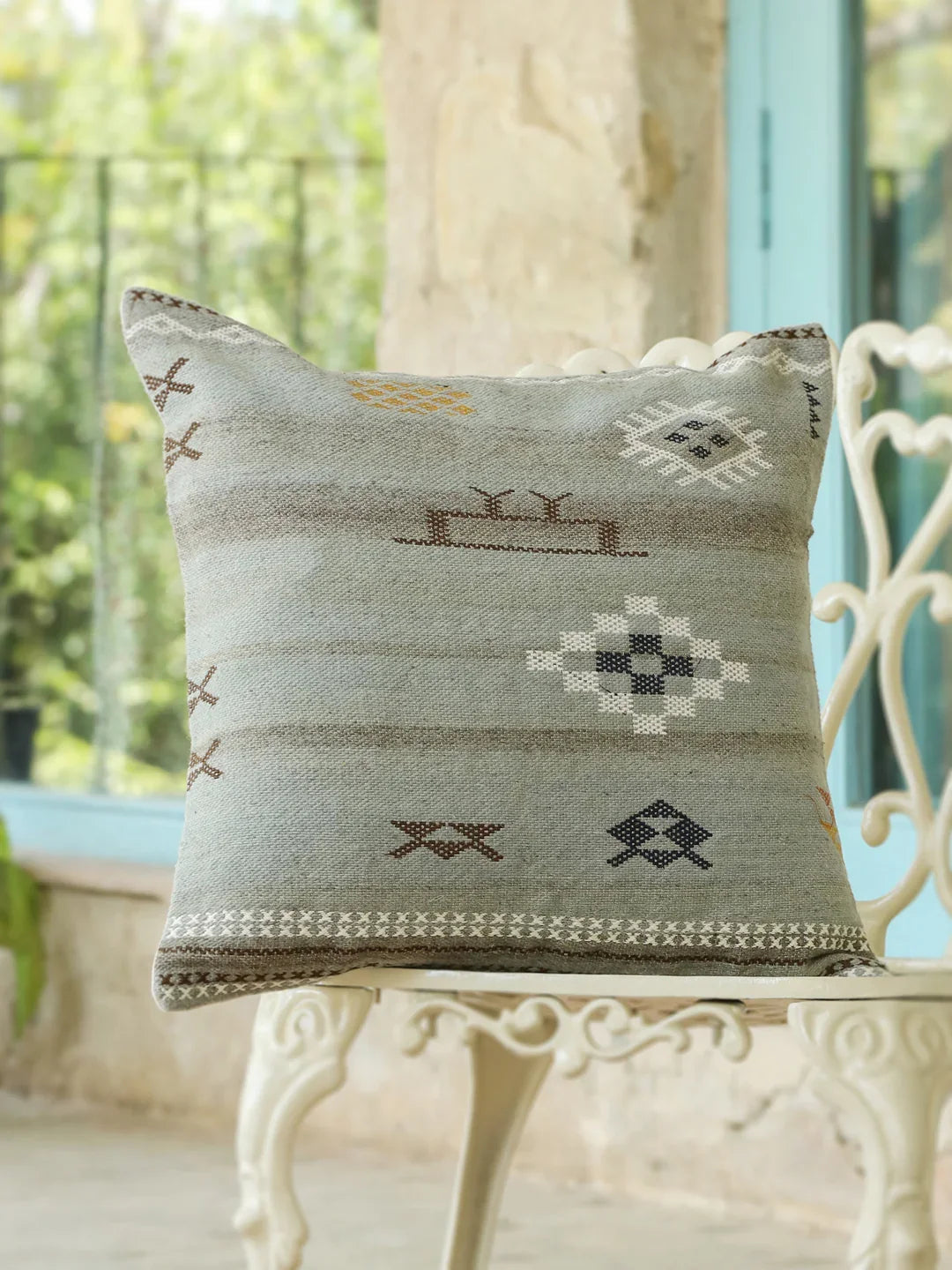 Jute Cotton Grey Colour Geometric Cushion Covers - SanskrutiHomes