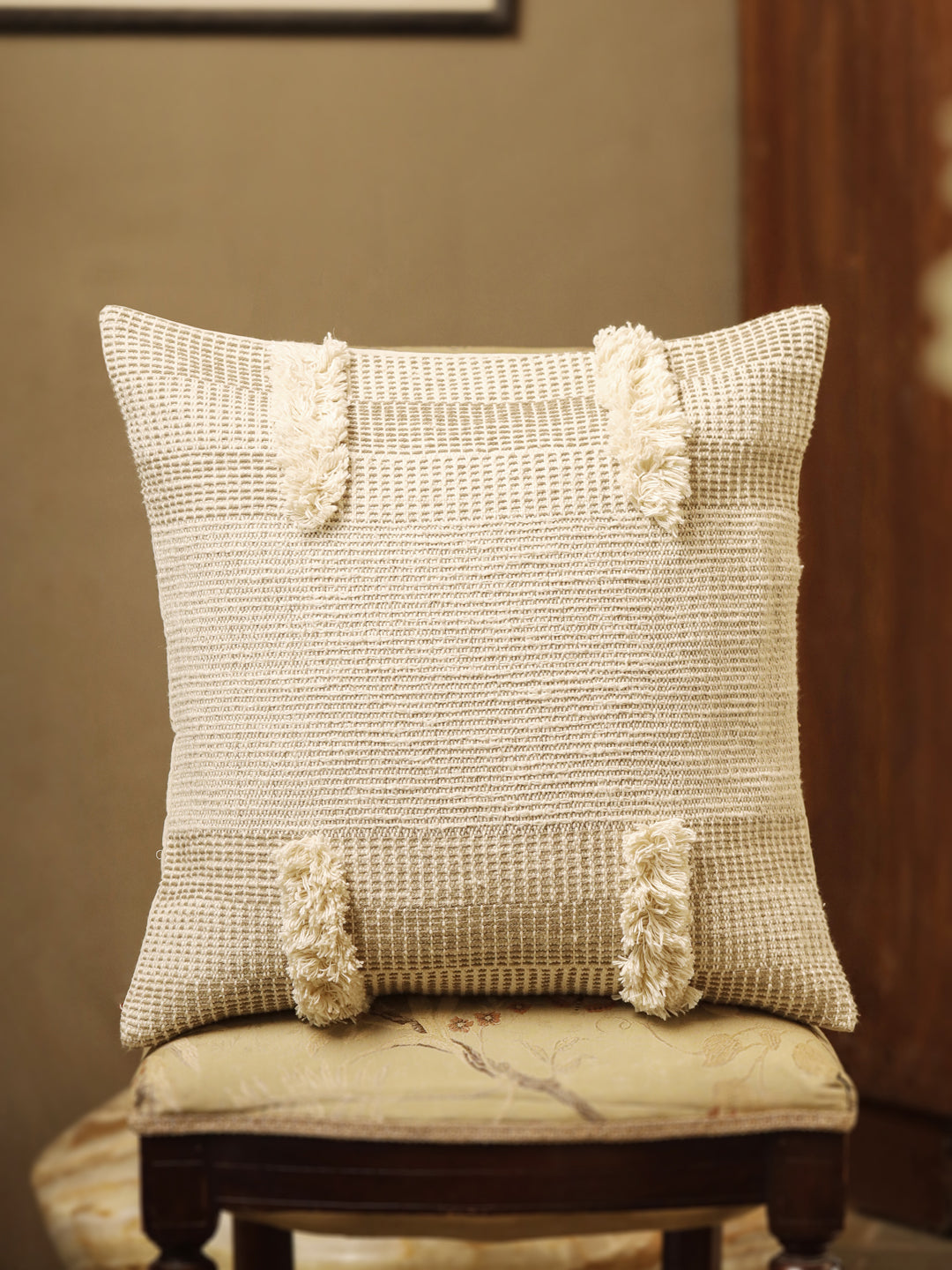 Cotton Cream Colour Self Design Cushion Covers