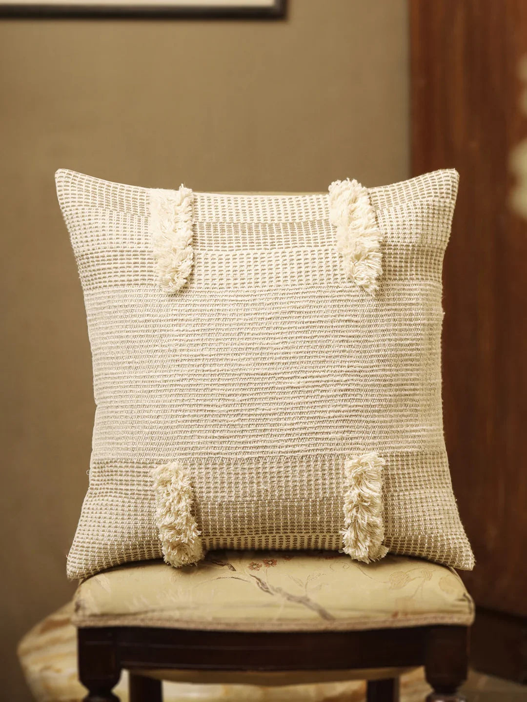 Cotton Cream Colour Self Design Cushion Covers - SanskrutiHomes