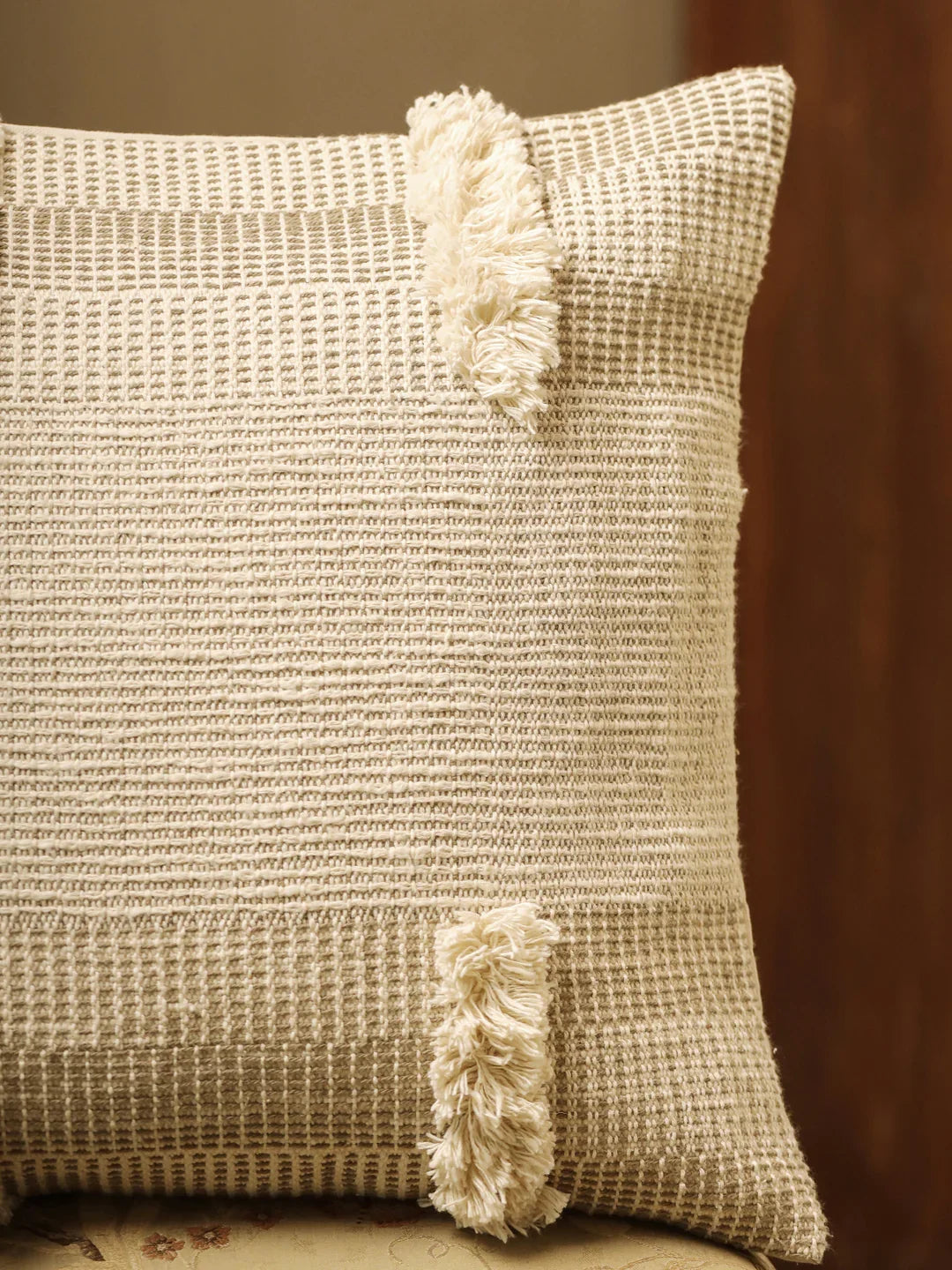 Cotton Cream Colour Self Design Cushion Covers - SanskrutiHomes