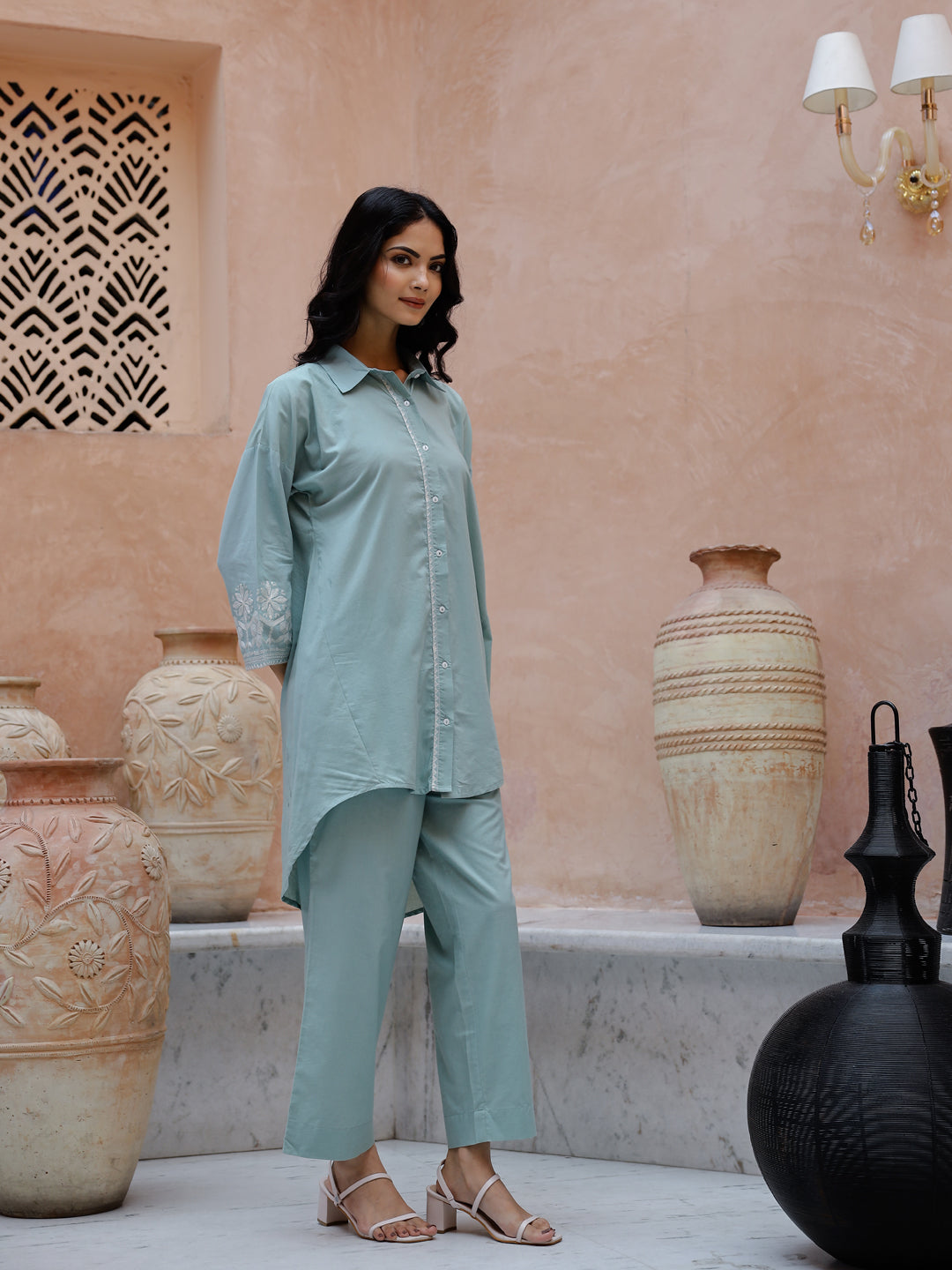 Blue Solid Print Cotton Co-Ord Set For Women