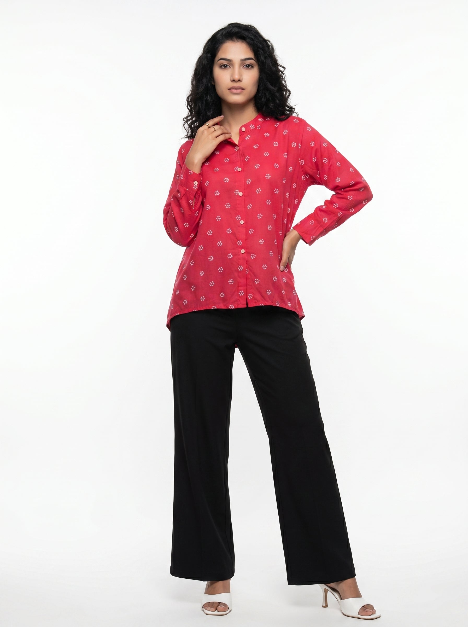 Pink Mandarin Collar Geometric Print Shirt For Women