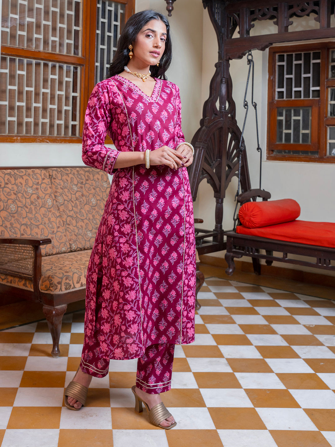 Women set of Pure Cotton 3 pcs Maroon Colour Straight Printed Kurta Sets