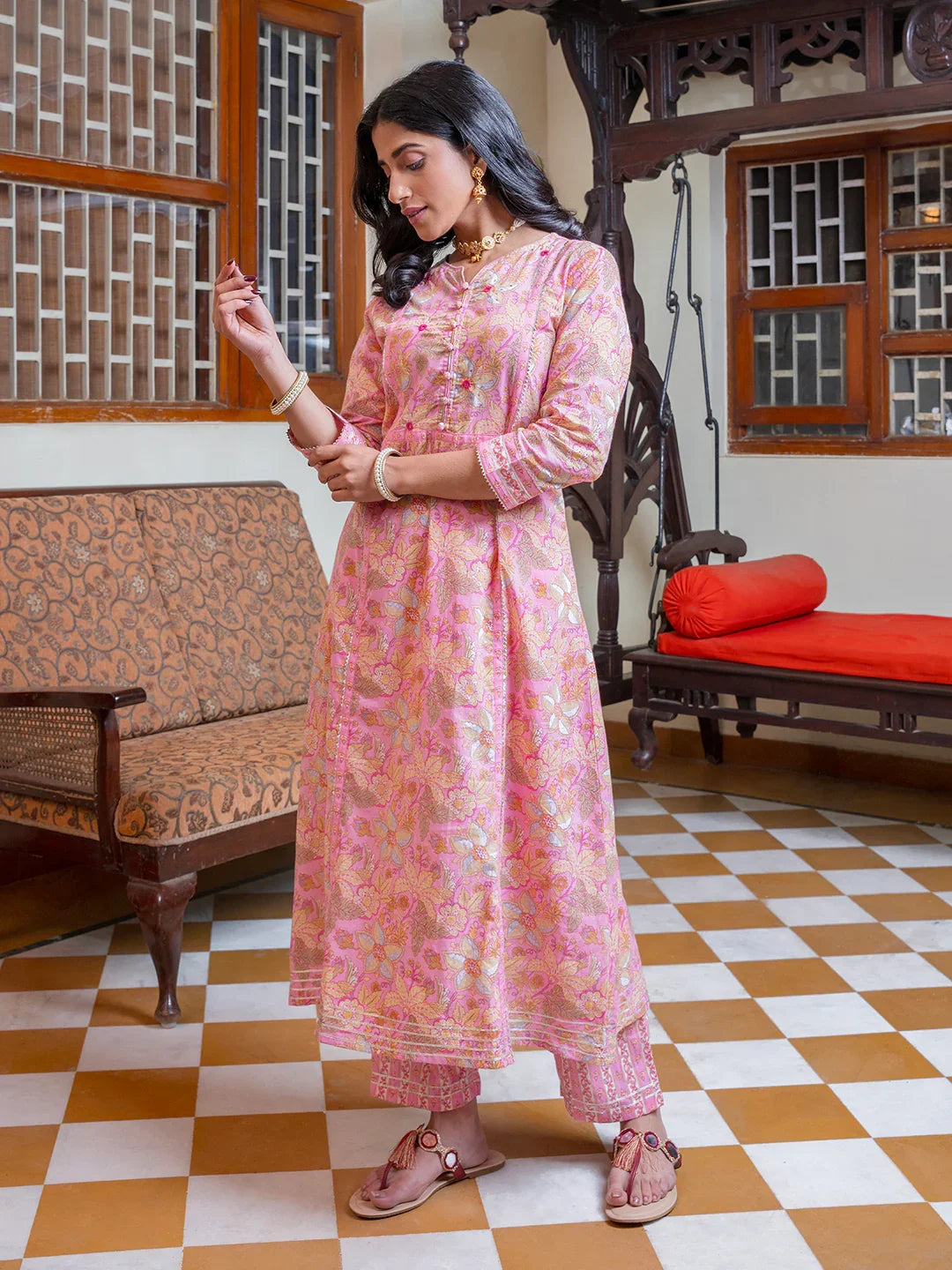 Pink Cotton Kurta for Women - SanskrutiHomes