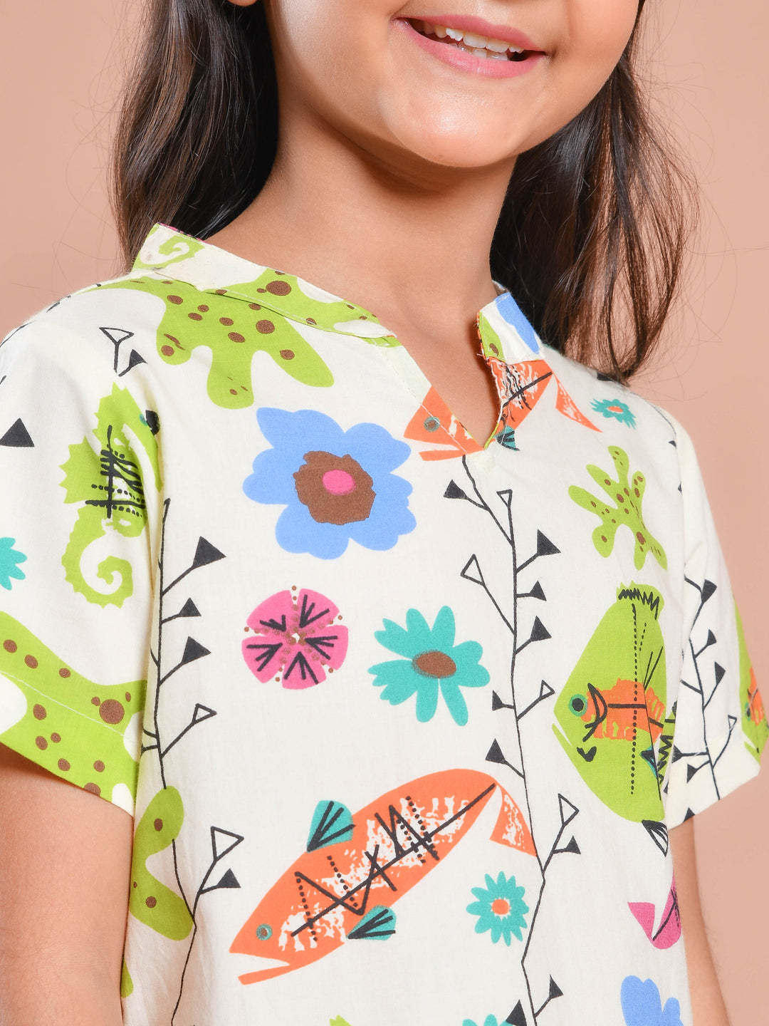 White Floral Printed Round Neck Night Suit Set