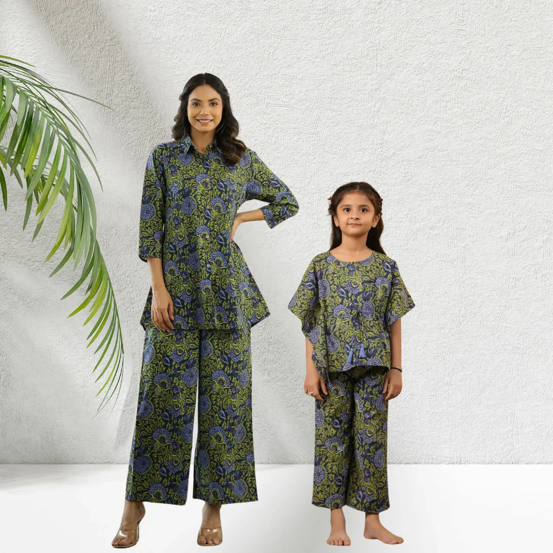 Mother Daughter Green & blue printed coord set combo - SanskrutiHomes