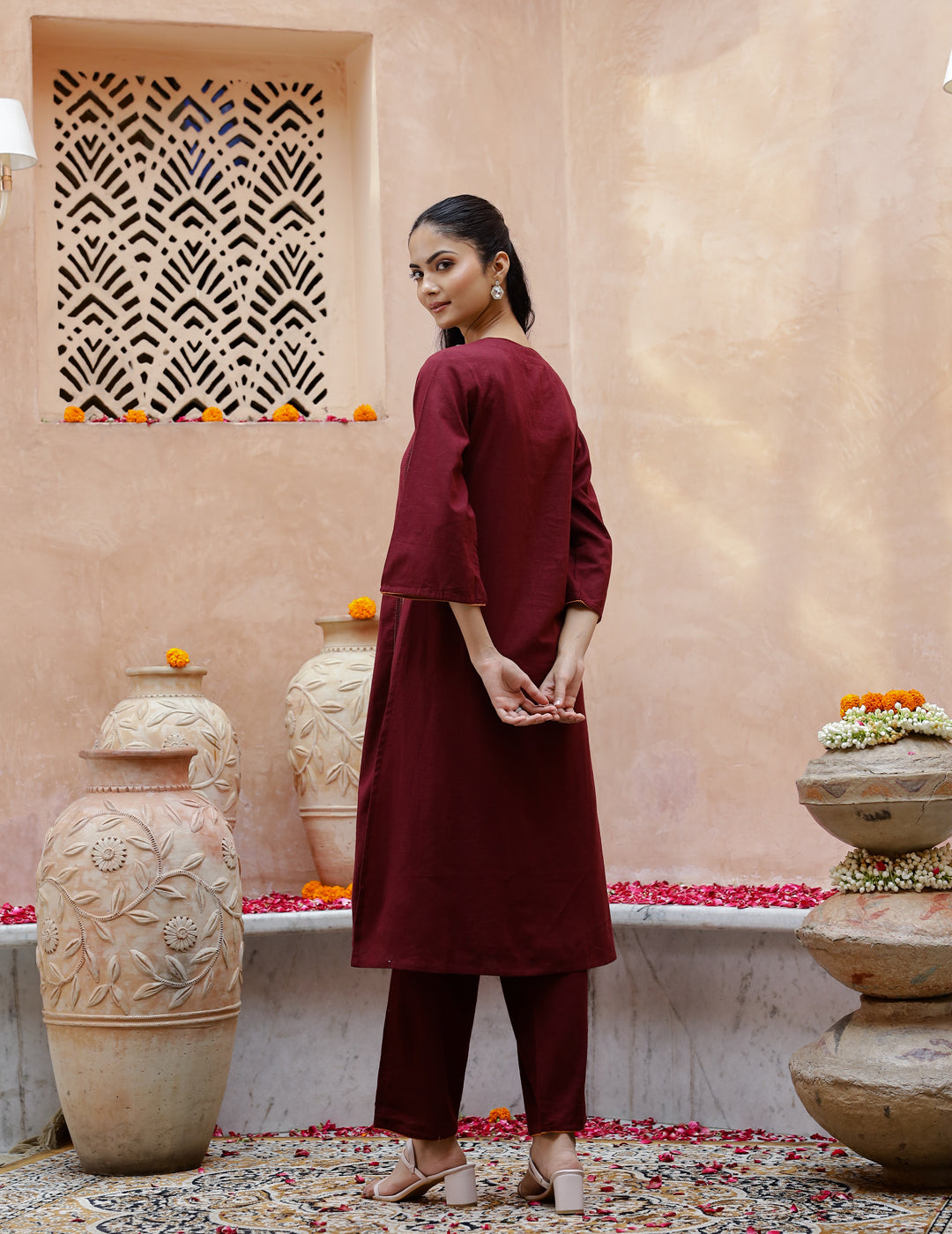 V-Neck Cotton Maroon Kurta Set For Women