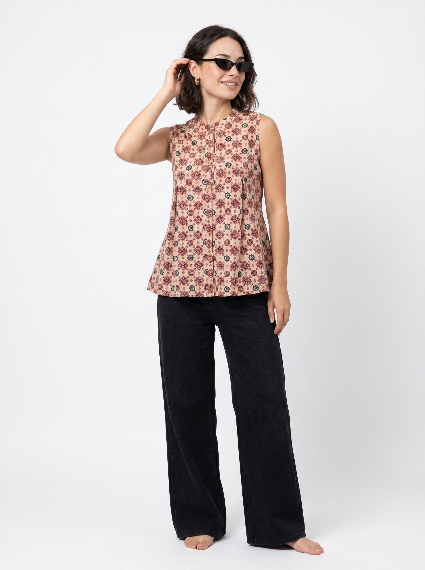 Brown Round Neck Cotton Floral Top for Women