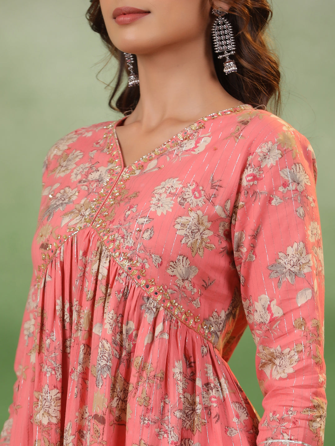 Peach V-Neck Pure Cotton Kurta Set with Dupatta for Women