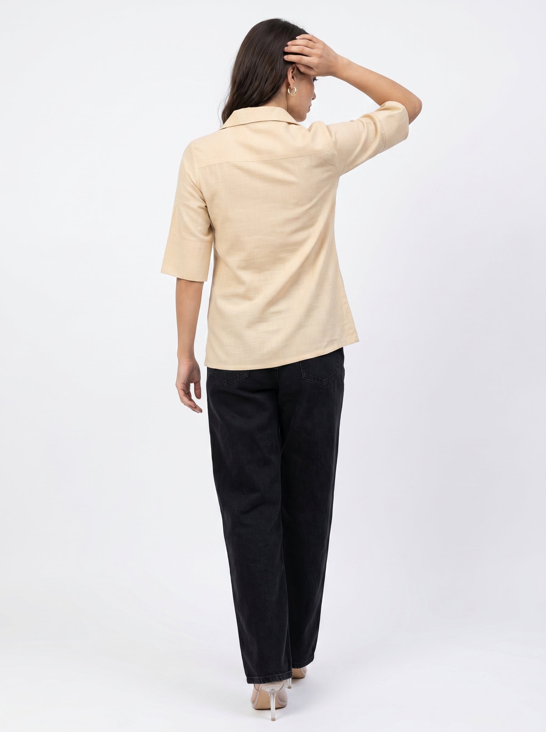 Beige Shirt Collar Solid Cotton Top For Women