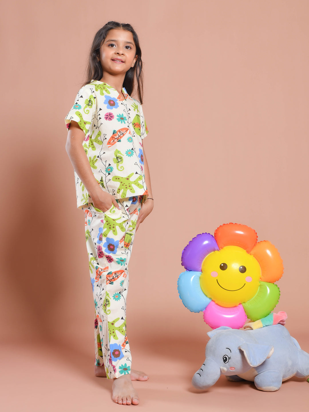 White Floral Printed Round Neck Night Suit Set