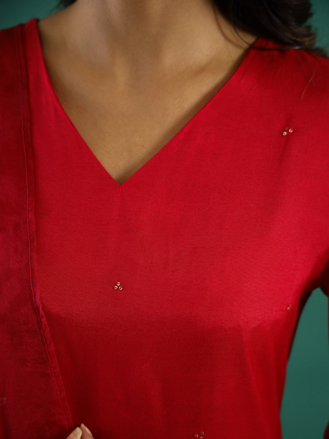 V-Neck Sequinned Straight Red Kurta With Trousers