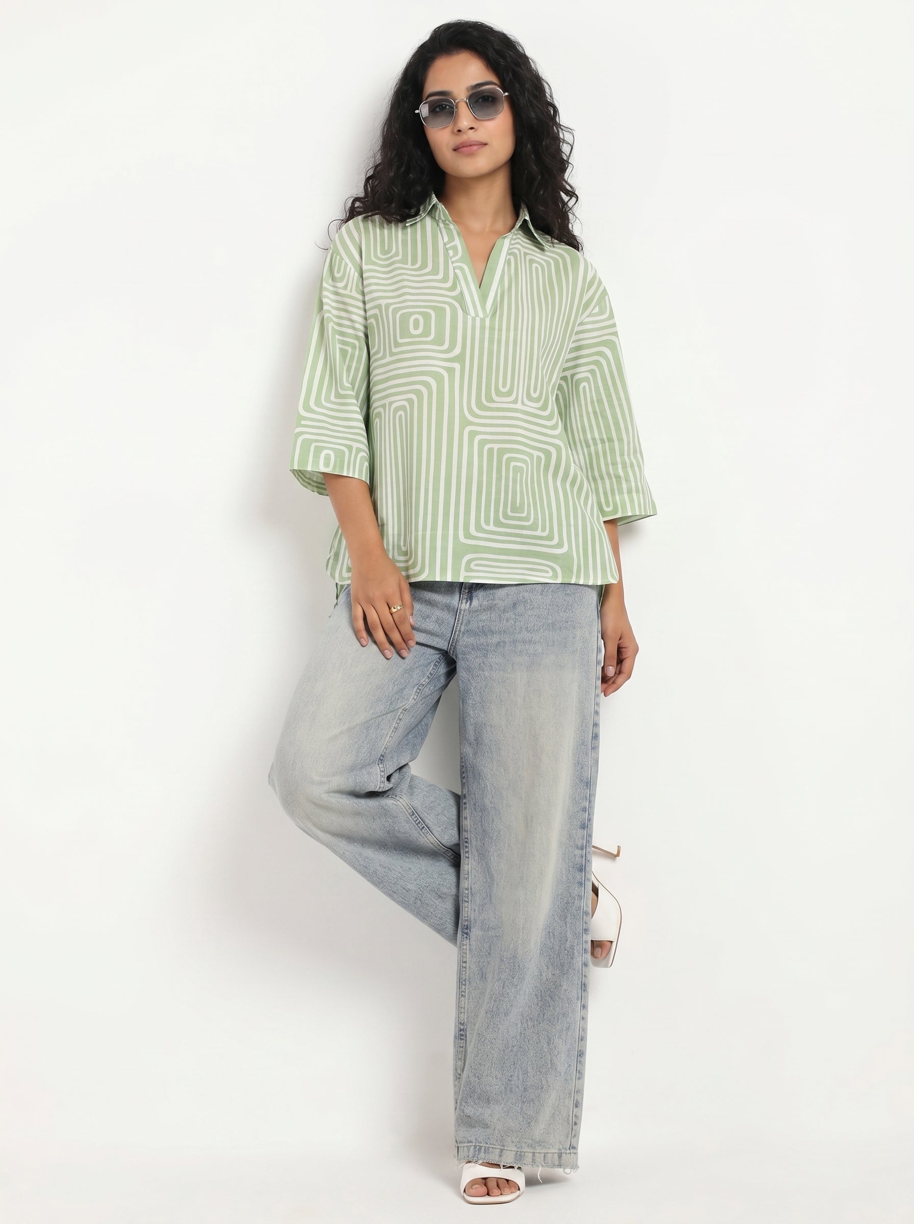 Green Shirt Collar Geometric Print Cotton Top For Women