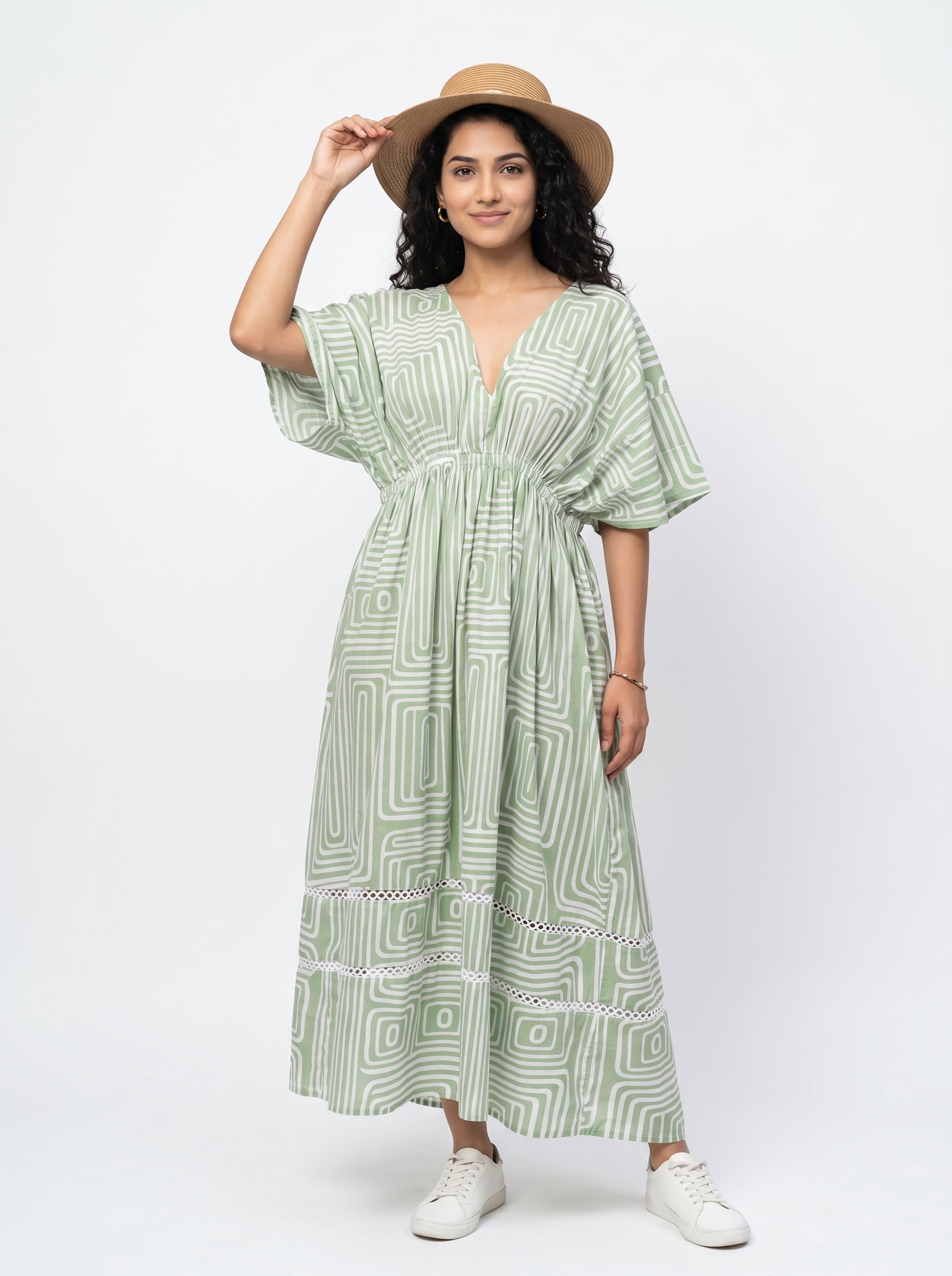 Off White Abstract Print V-Neck Flared Cotton Dress For Women