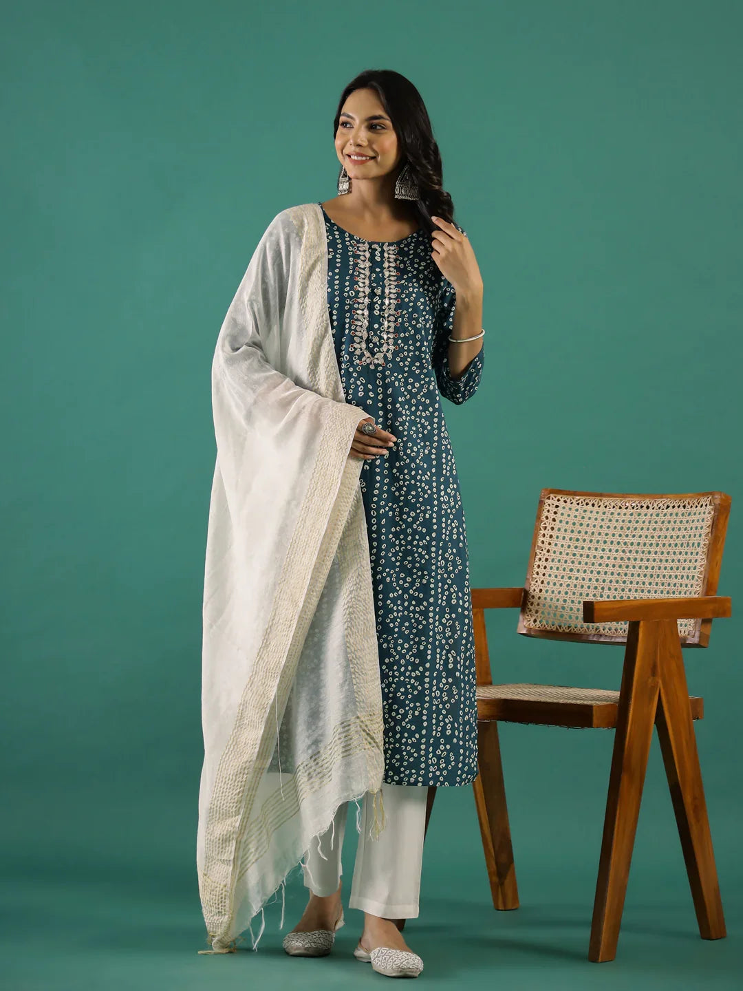 Green Bandhani Print Round Neck Cotton Kurta Set for Women - SanskrutiHomes