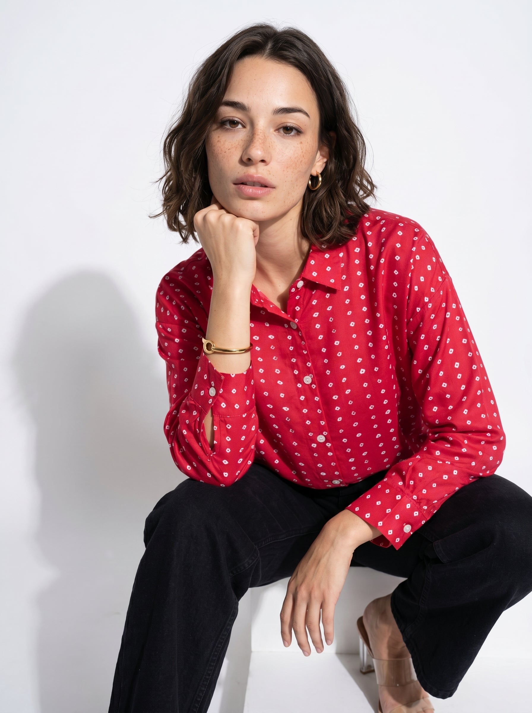 Pink Geometric Print Mandarin Collar Shirt For Women