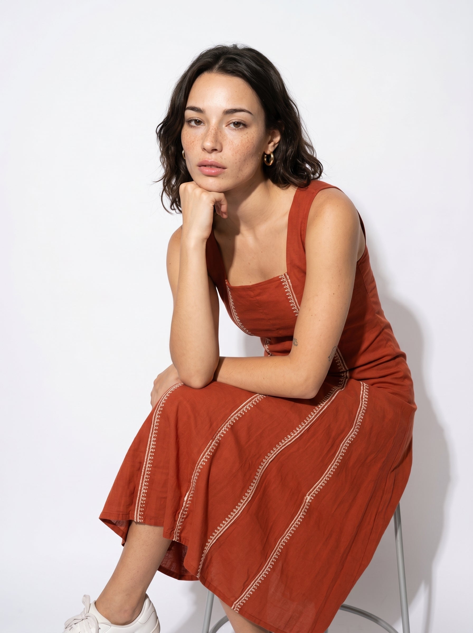 Rust Square Neck Printed Maxi Flared Cotton Dress For Women