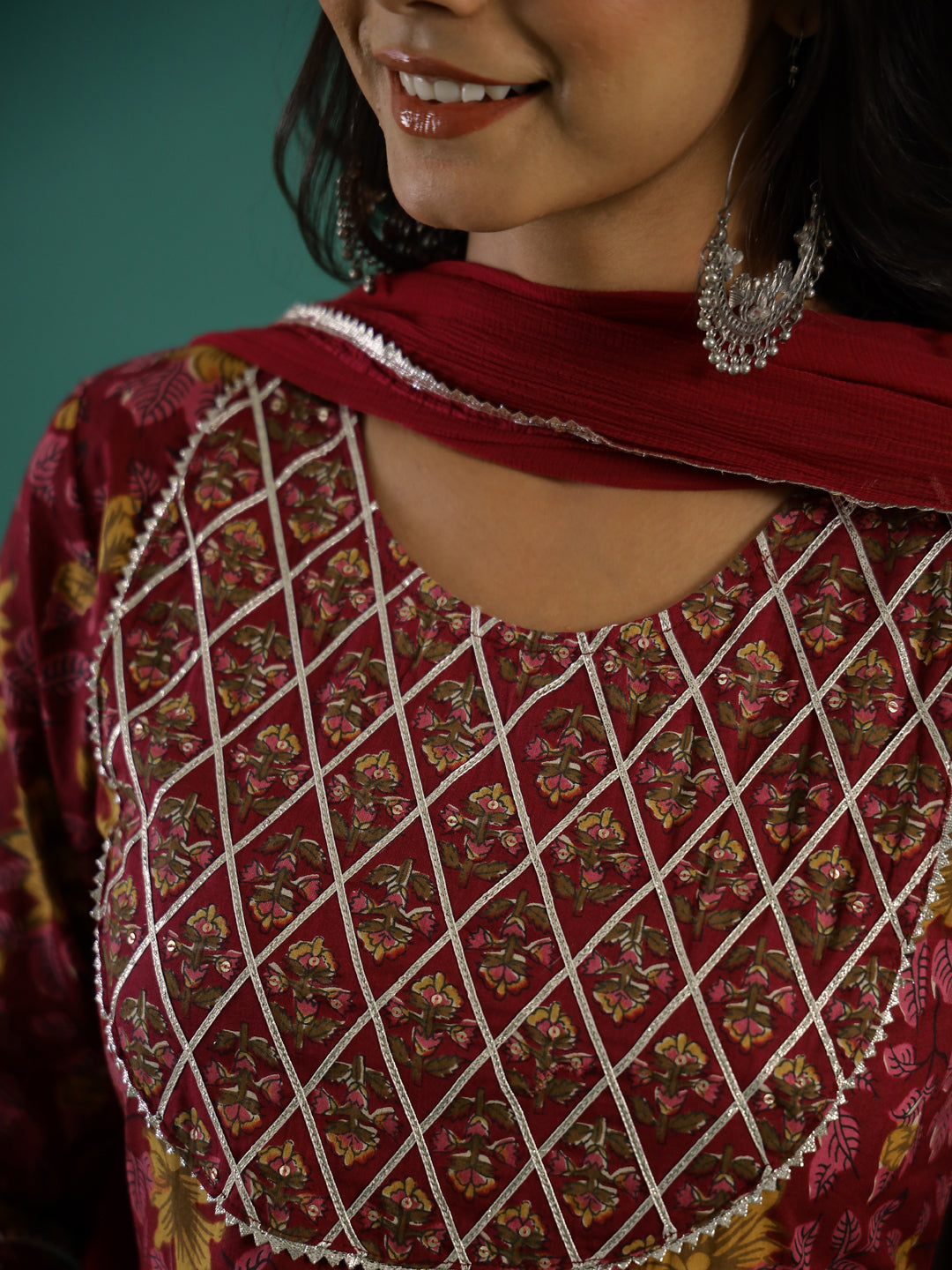 Maroon Pure Cotton Round Neck Printed Kurta Set For Women