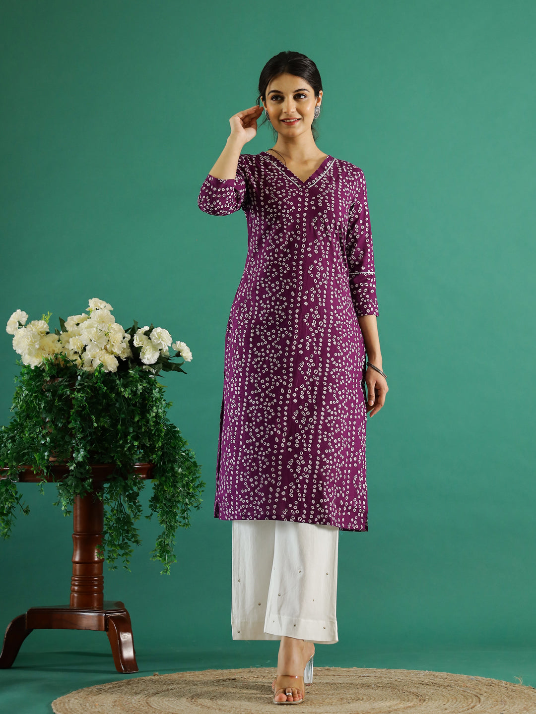 Purple White Dotted Printed Cotton Kurta
