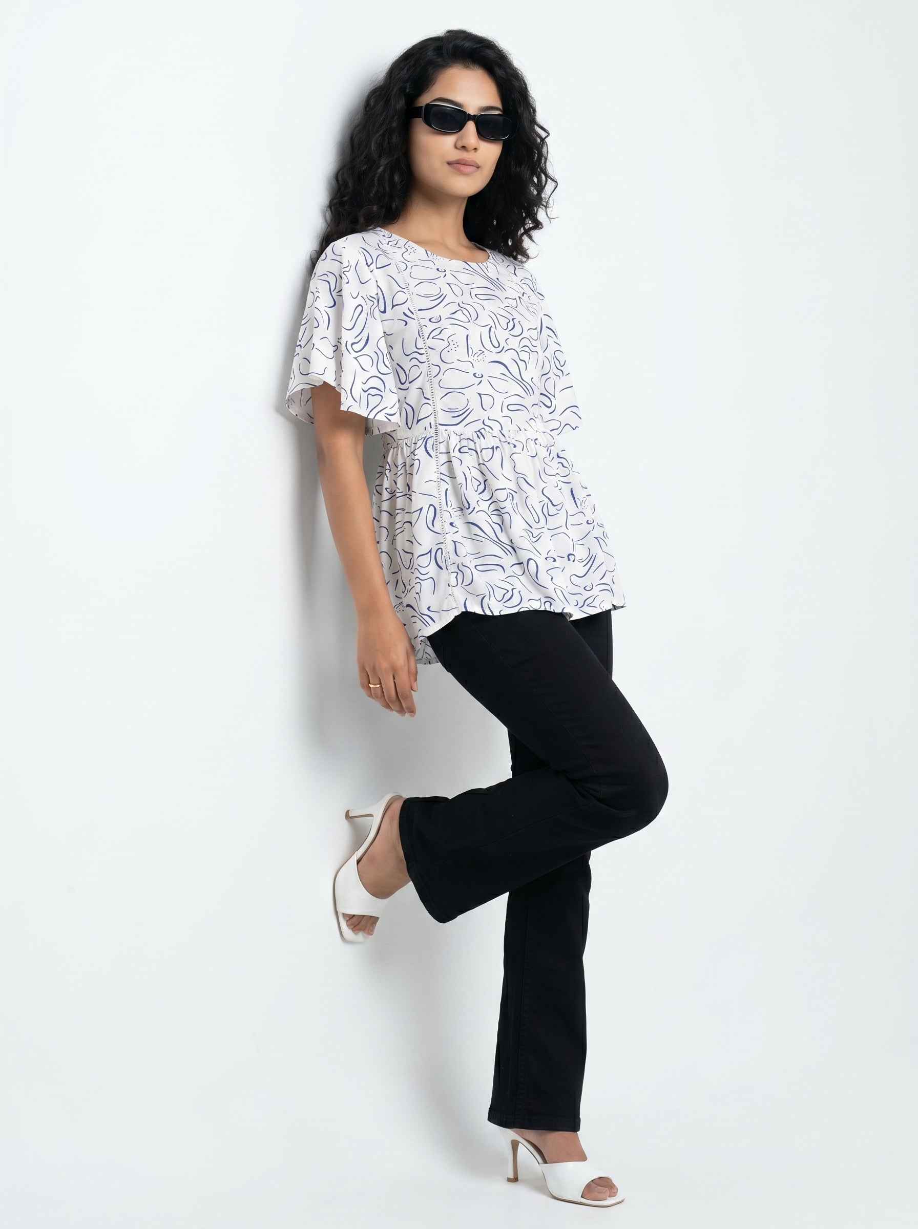 White Floral Printed Round Neck Top for Women