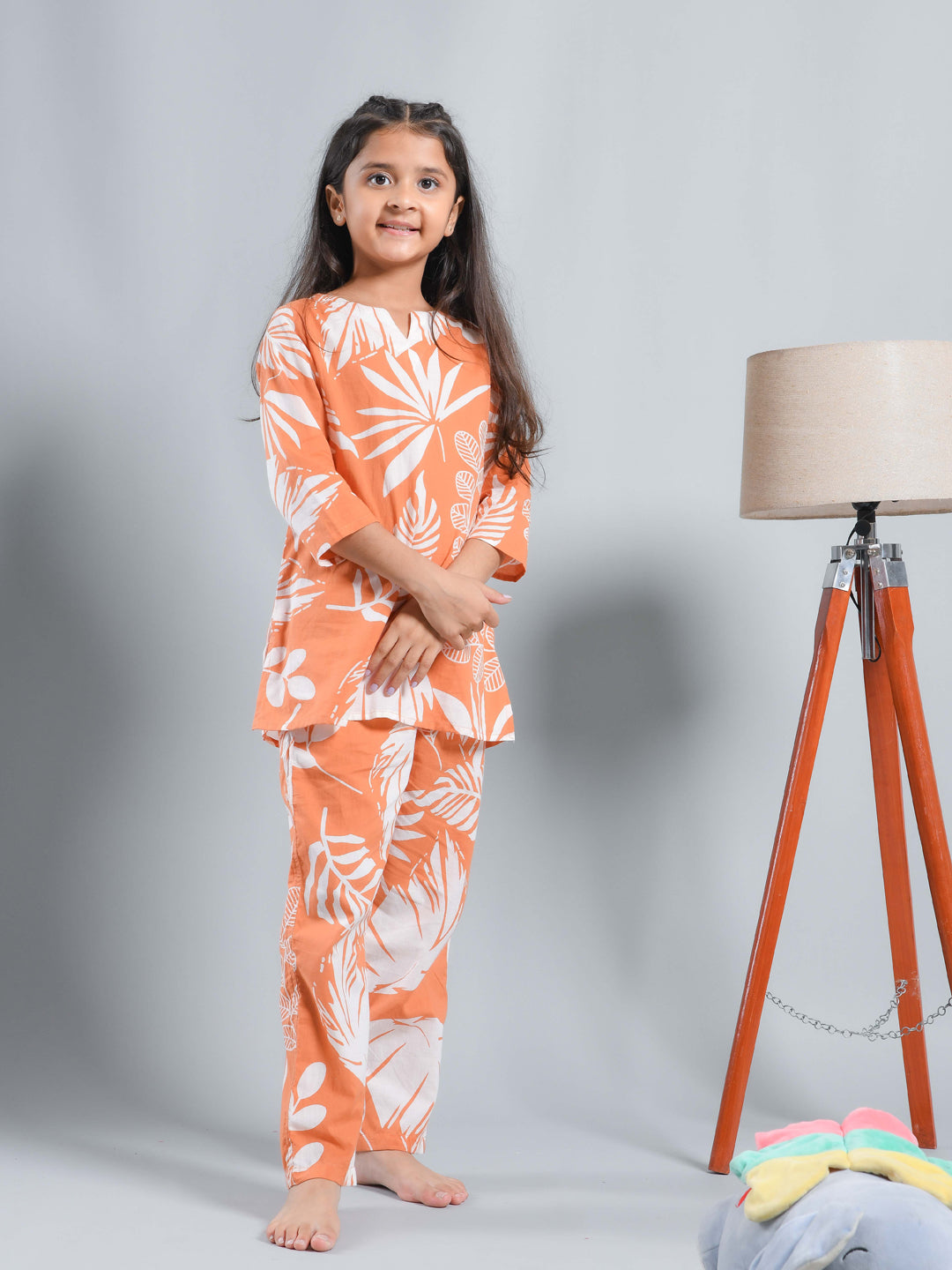 Orange Floral Printed Round Neck Kids Night Suit
