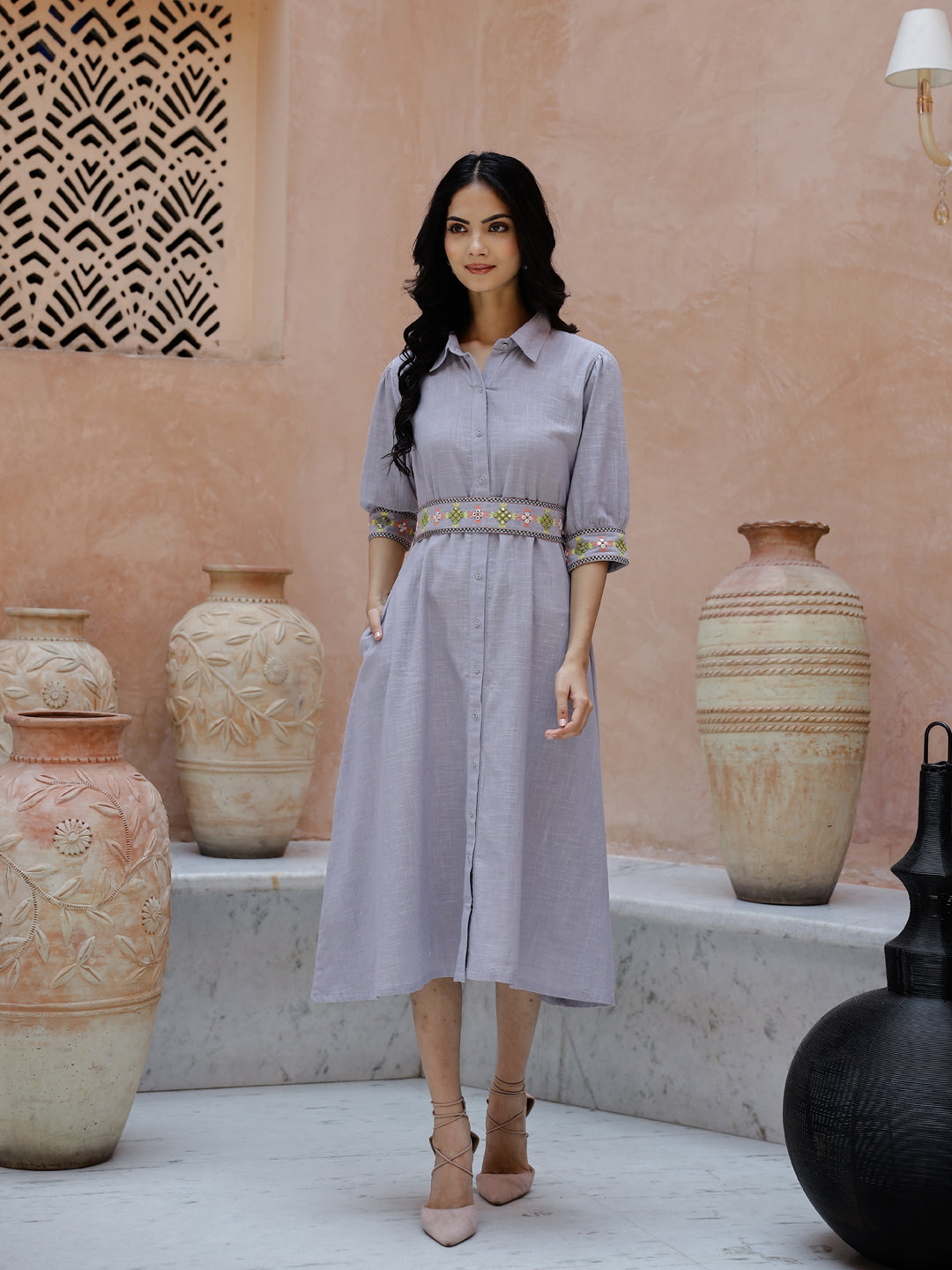 Solid Print Cotton Shirt Collar Dress