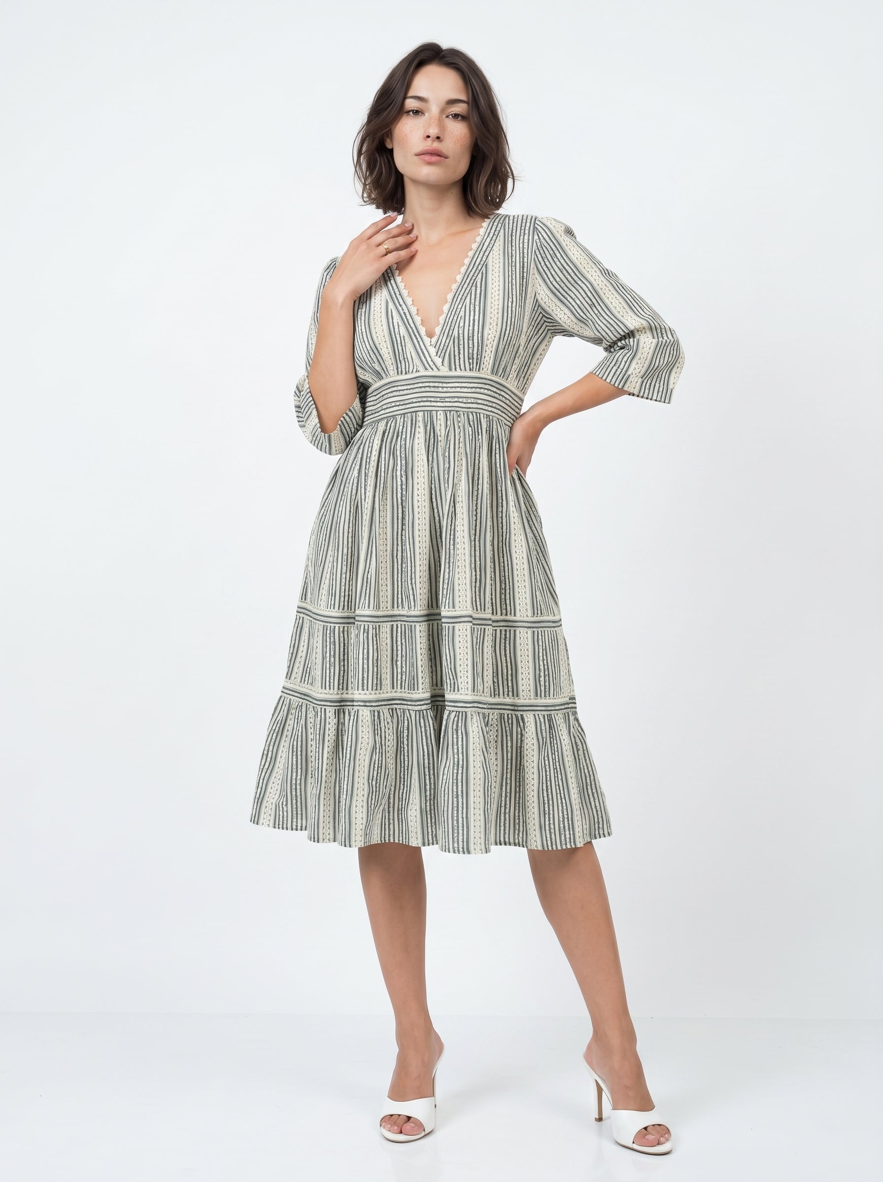 Off White V-Neck Abstract Print Cotton Flared Dress For Women