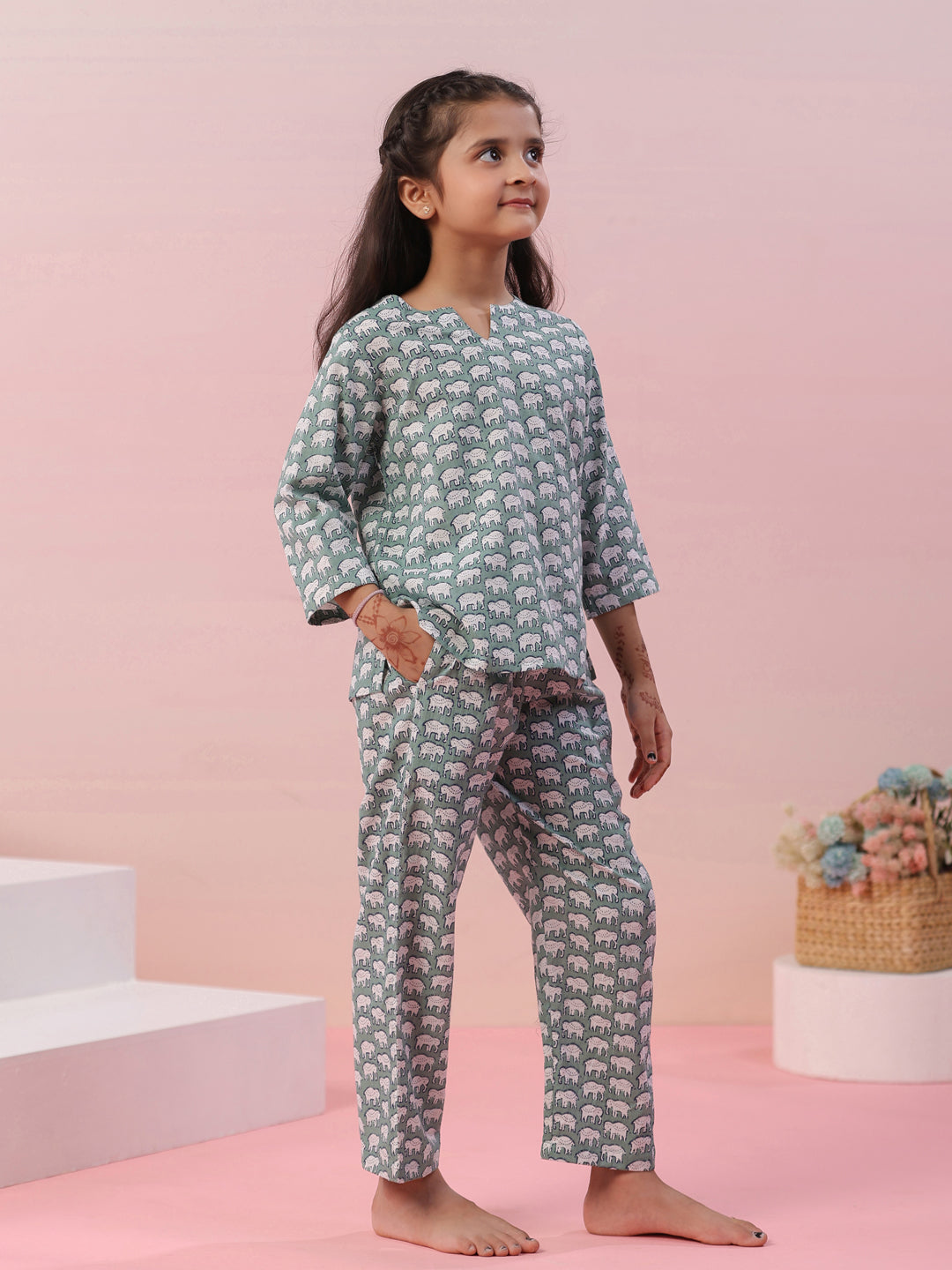 Elephant Printed Cotton Kids Night Suit - SanskrutiHomes