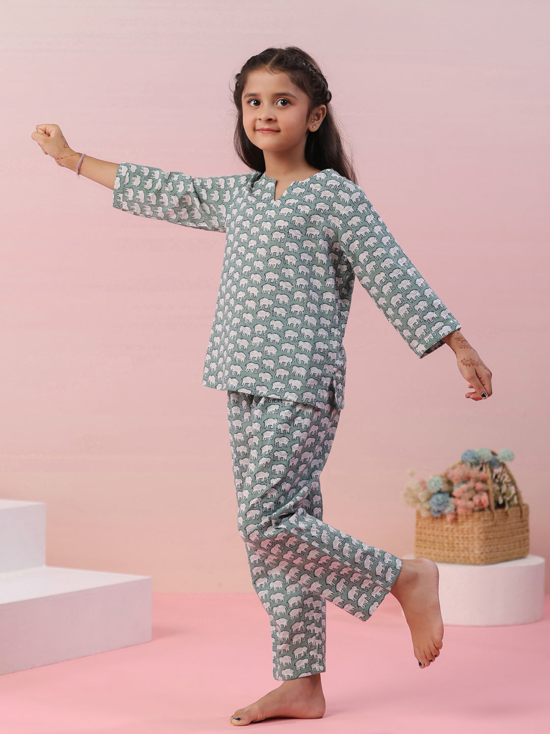 Elephant Printed Cotton Kids Night Suit - SanskrutiHomes