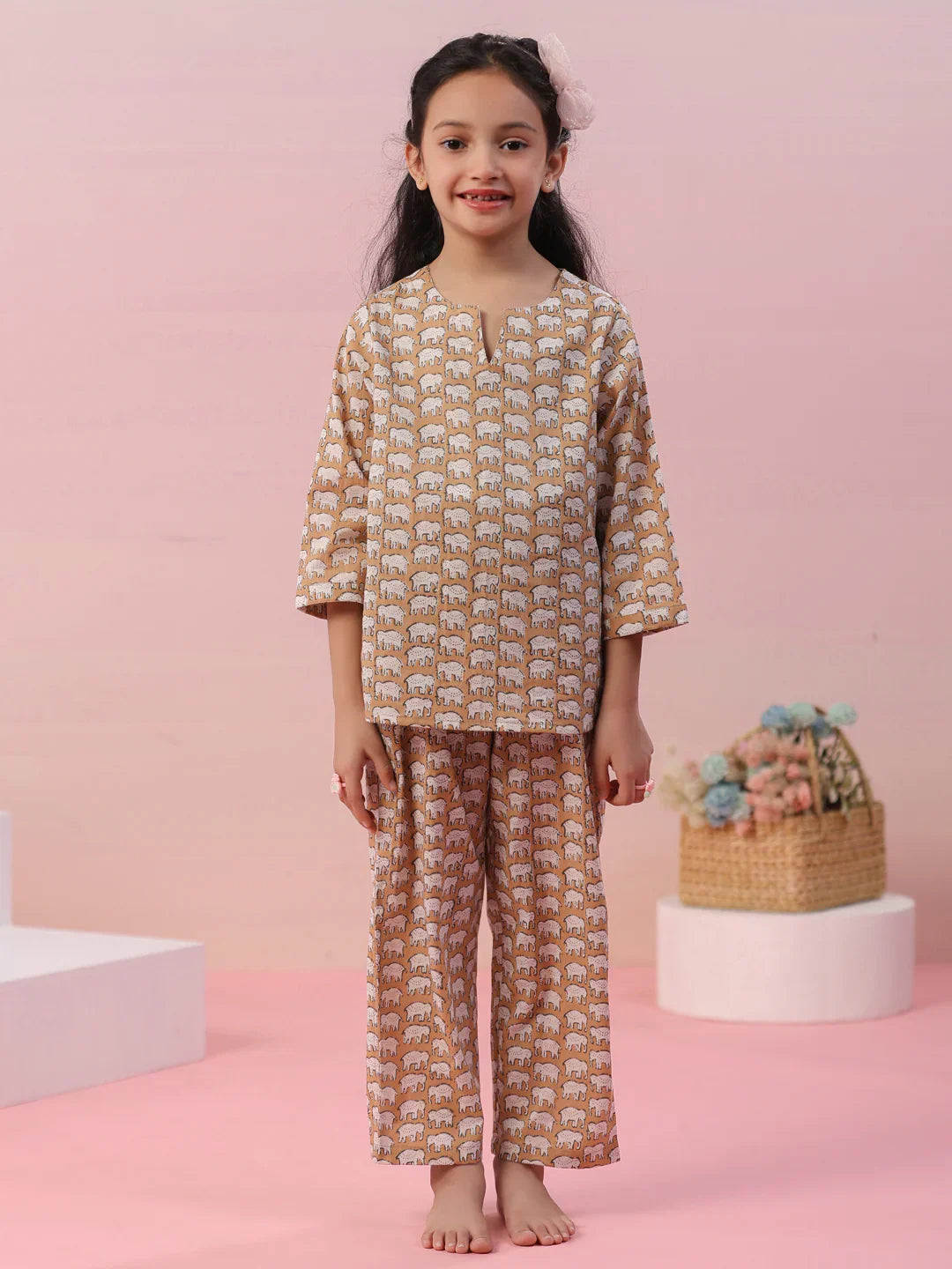 Elephant Printed Cotton Kids Night Suit - SanskrutiHomes