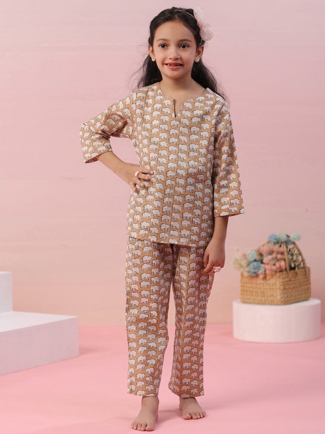 Elephant Printed Cotton Kids Night Suit - SanskrutiHomes