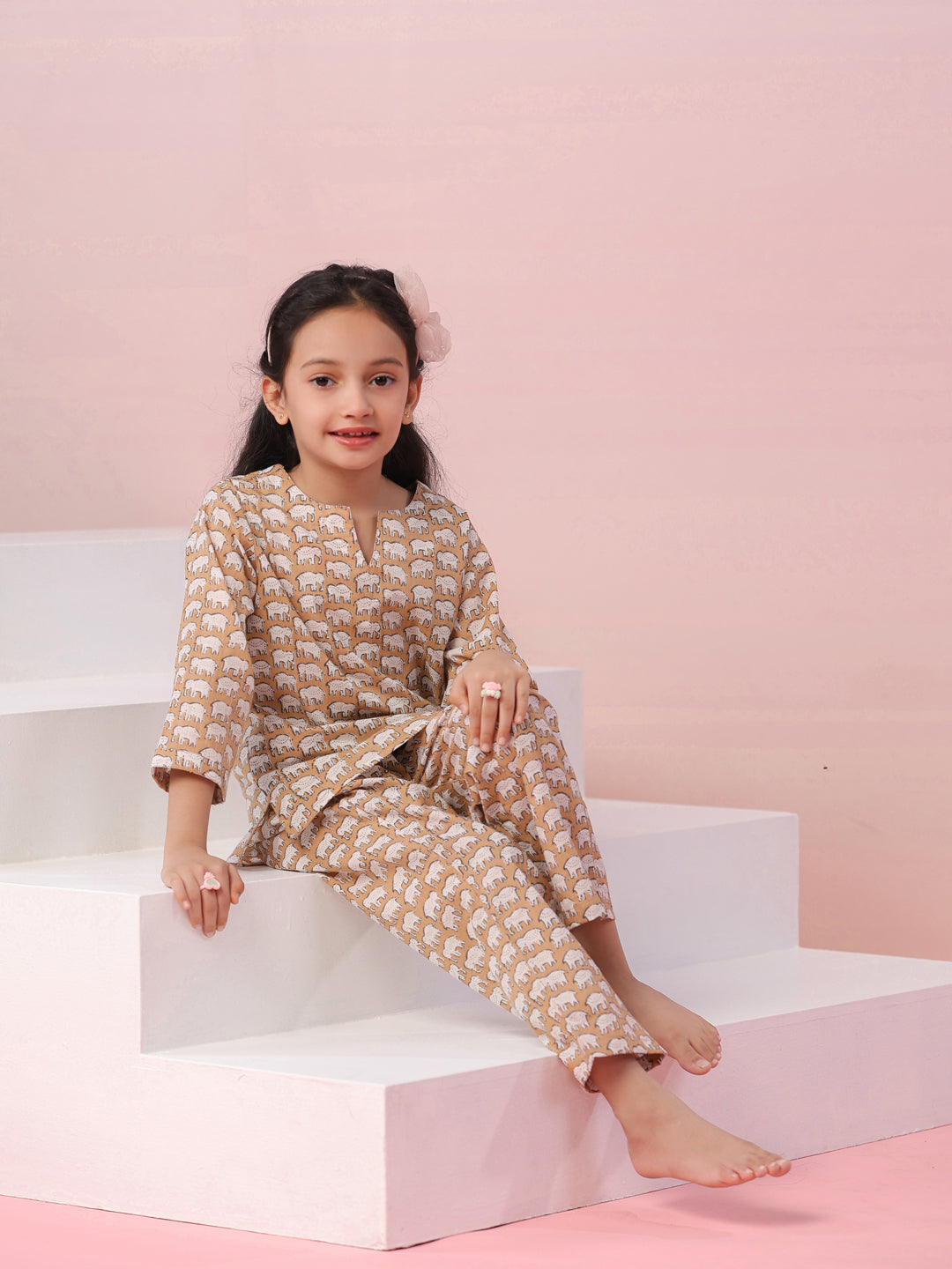 Elephant Printed Cotton Kids Night Suit - SanskrutiHomes