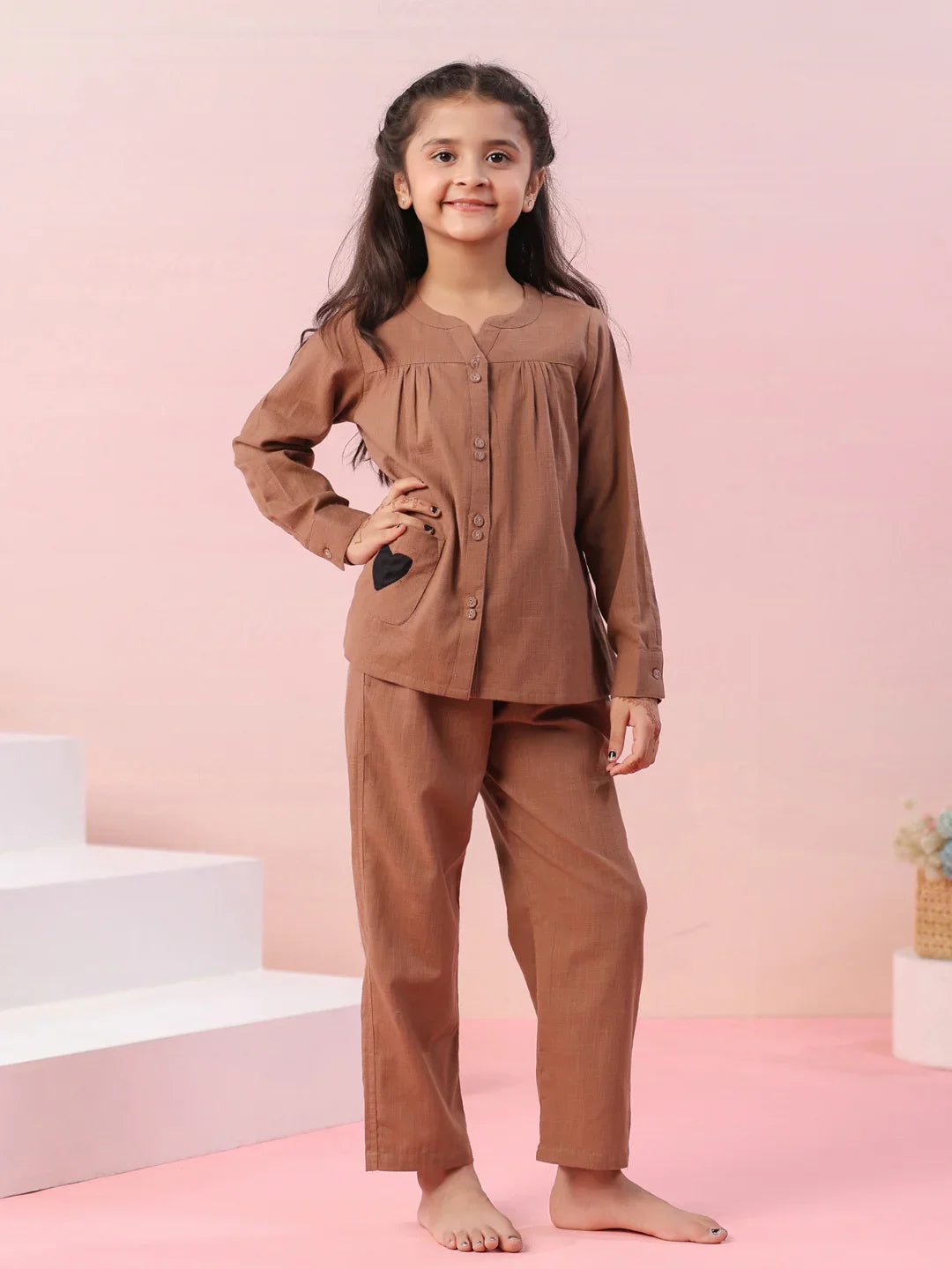 Brown Color Cotton Kids Night Suit - SanskrutiHomes
