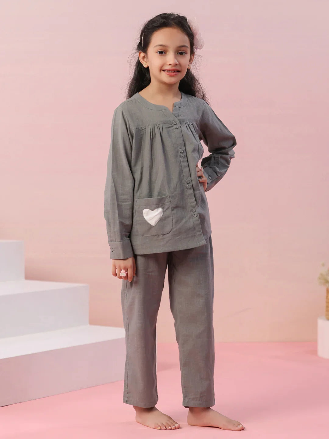 Grey Color Cotton Kids Night Suit - SanskrutiHomes