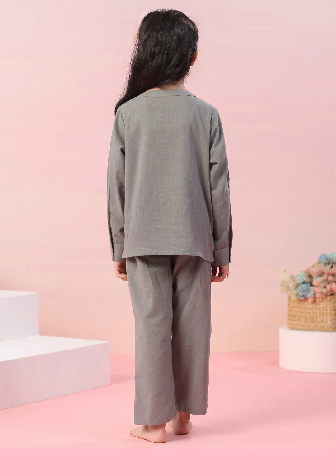 Grey Color Cotton Kids Night Suit - SanskrutiHomes