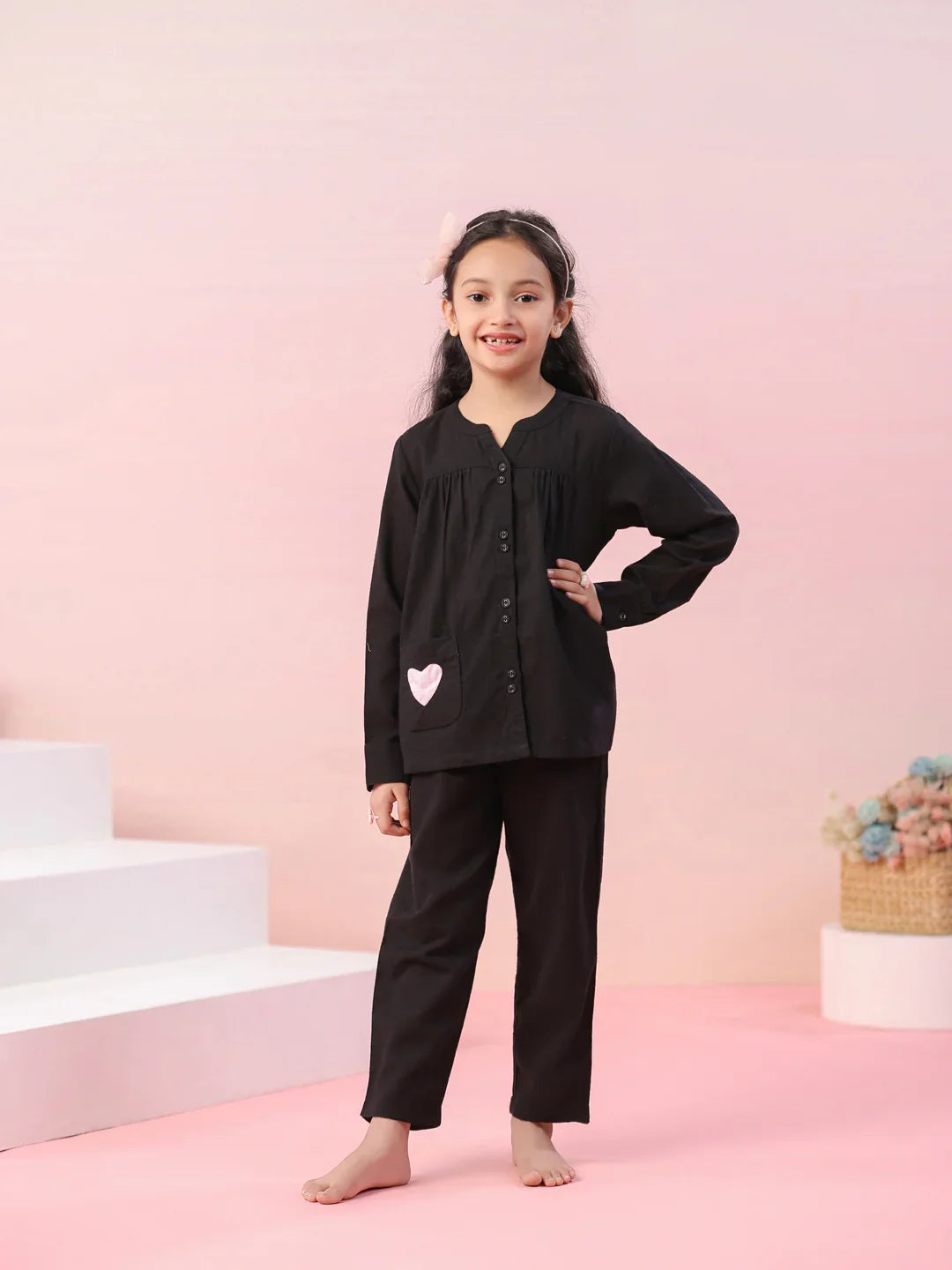 Black Round Neck Cotton Night Suit for Kids - SanskrutiHomes