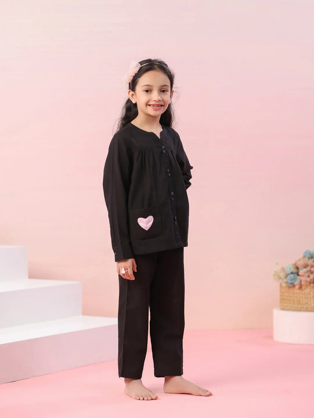 Black Round Neck Cotton Night Suit for Kids - SanskrutiHomes