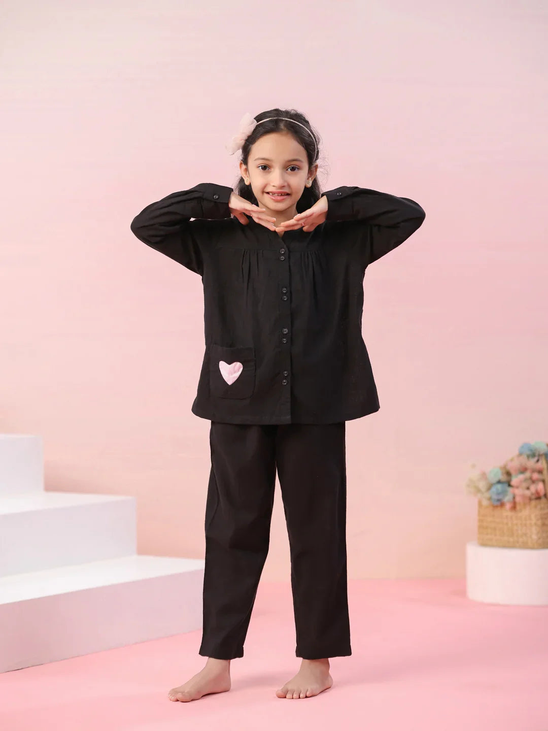Black Round Neck Cotton Night Suit for Kids - SanskrutiHomes
